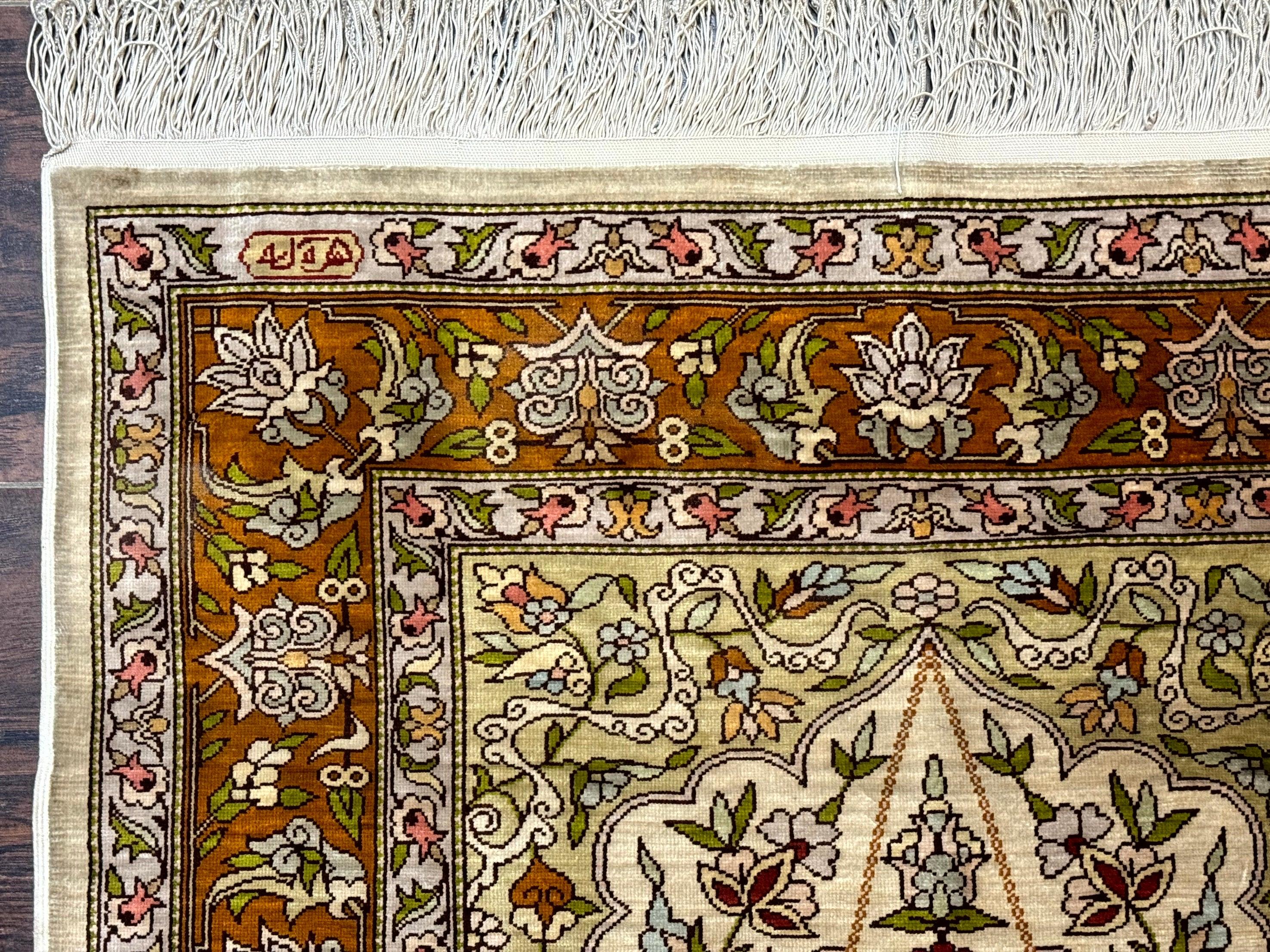 Silk Turkish Hereke Rug 2x3, Birds Lantern Very Fine 400 KPSI, Signed by Masterweaver, Wonderful, Rare, Small Hereke Rug