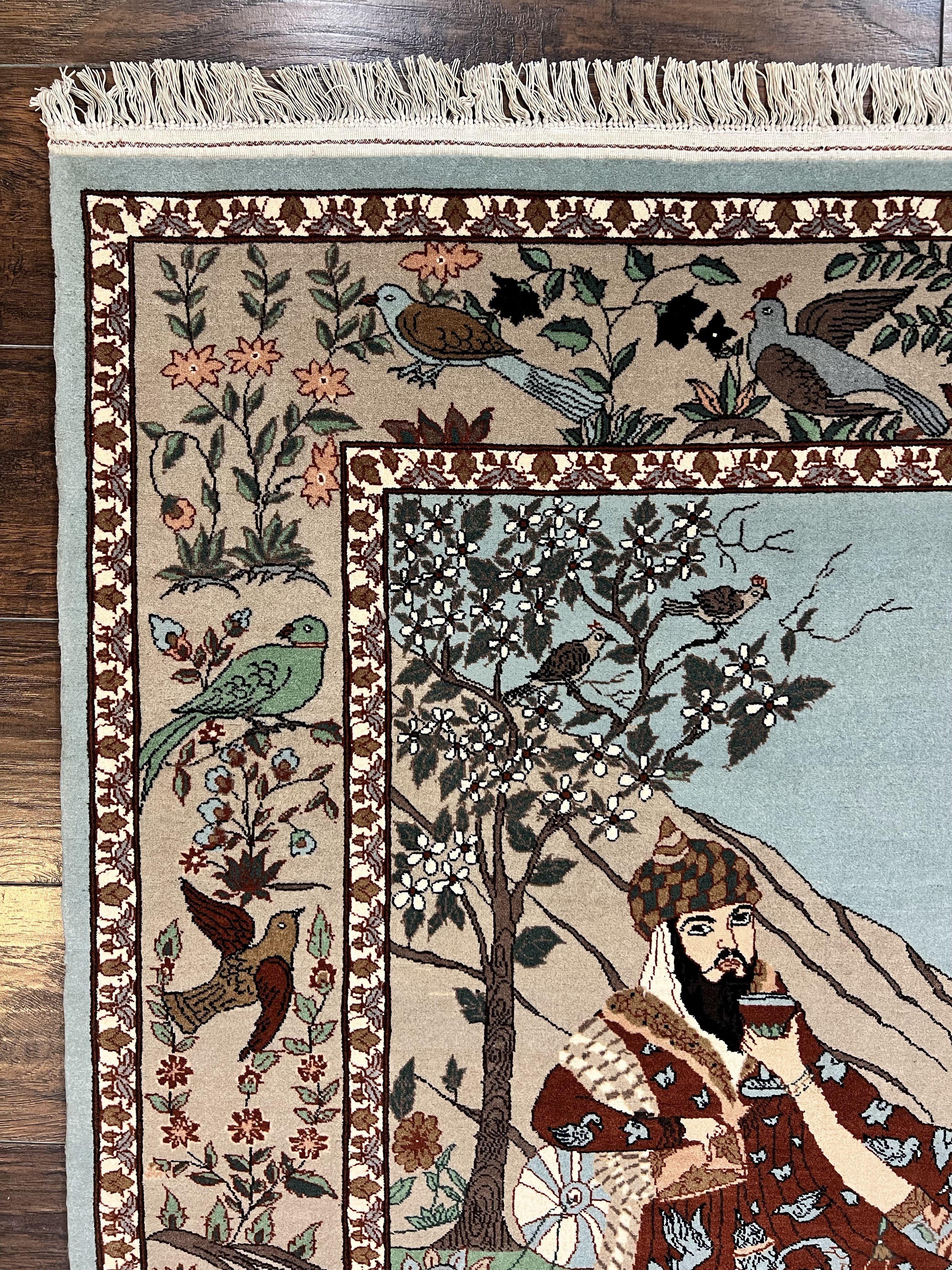 Indo Persian Pictorial Rug 4x7, Handmade Hand Knotted Wool Semi Antique Horizontal Carpet, Men & Women Drinking, Fine Rug, Bird Pictorials