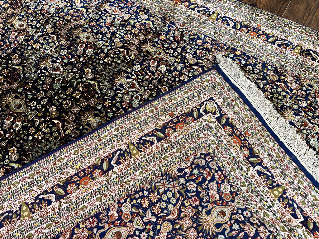 Silk Indian Kashmiri Rug 5x7, Navy Blue Indo Persian Silk Carpet 5 x 7 ft, Hand Knotted Handmade Very Fine Oriental Carpet, 450 KPSI, Birds