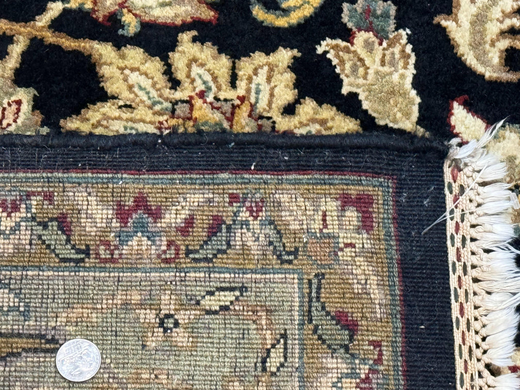 Indo Persian Rug 8x10, Black and Green, Wool, Handmade, Traditional, Floral Allover, Vintage