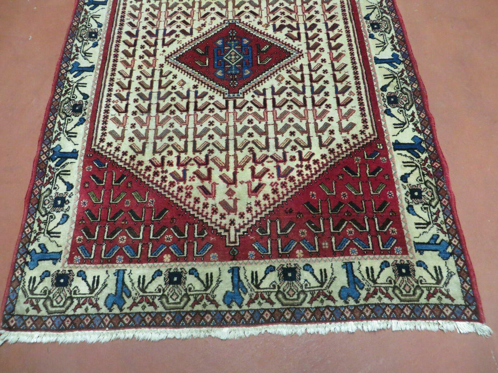 3' X 5' Vintage Handmade India Geometric Oriental Wool Rug Nice Birds Ivory Red