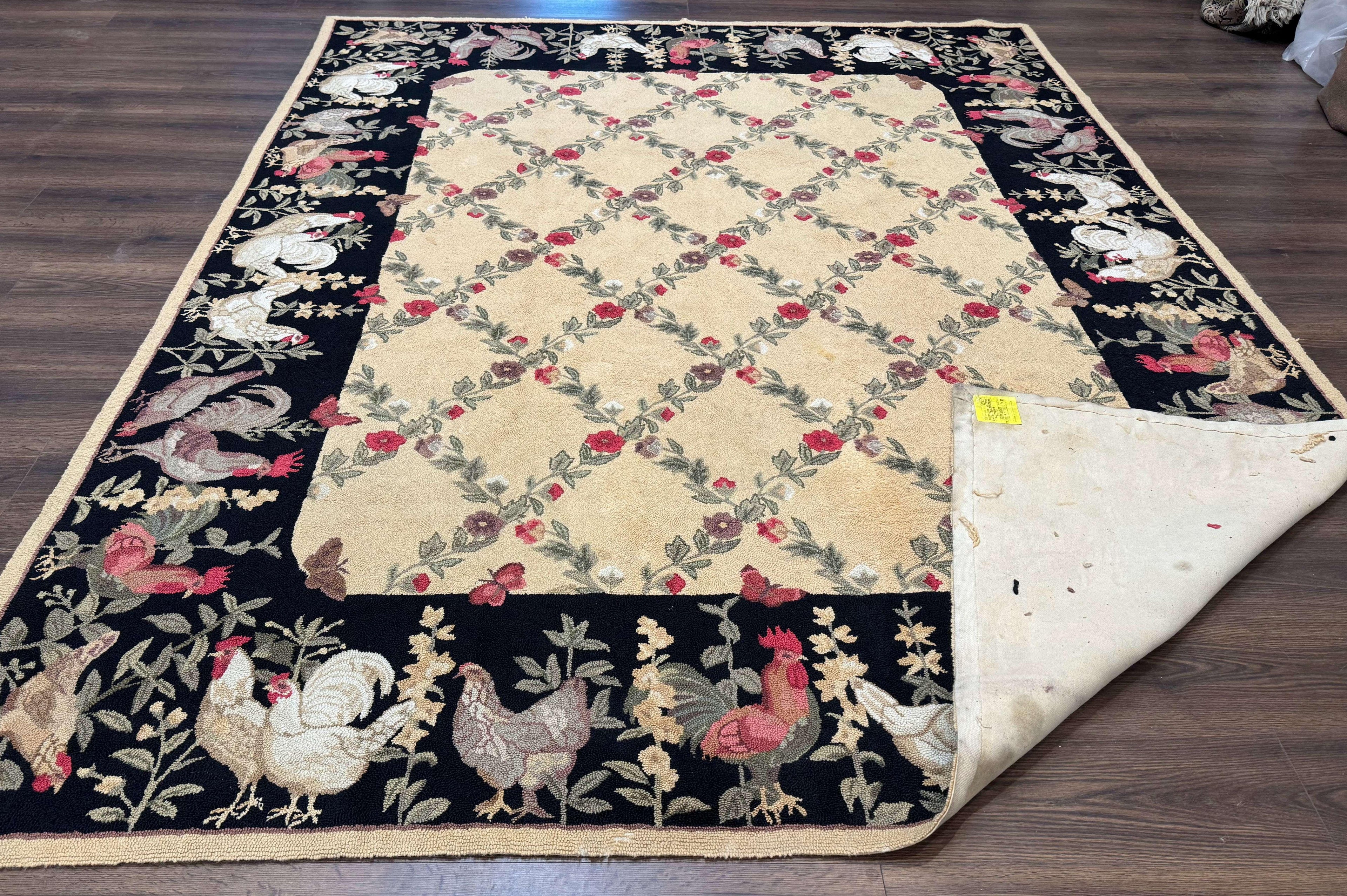 Vintage Hooked Rug 7x9, Rosters in Border, Roses and Butterflies