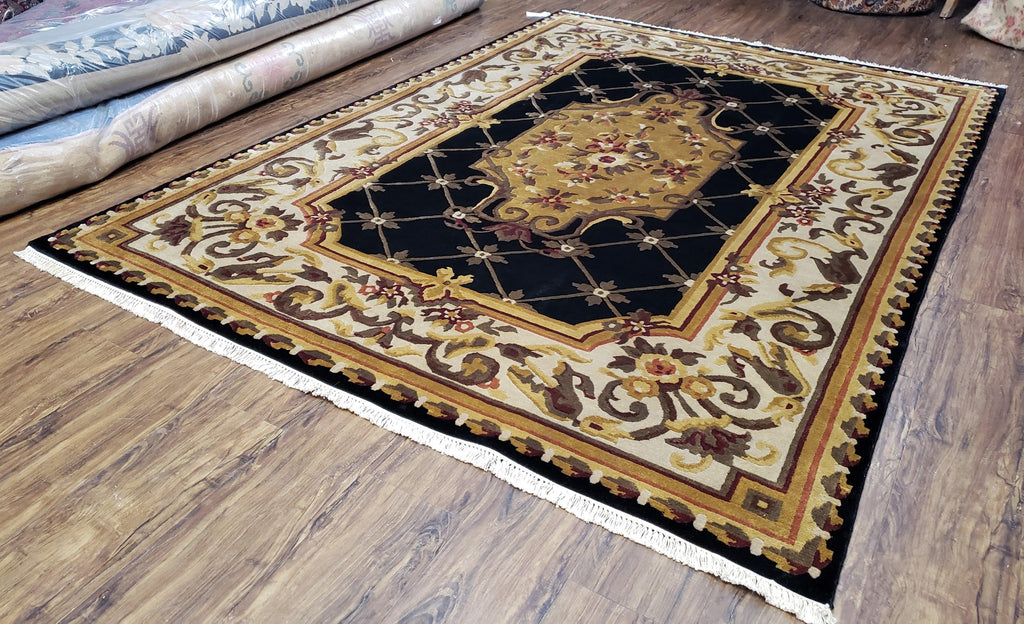 Nepal Rug 6x9, Nepalese Aubusson Area Rug 6 x 9, Hand-Knotted Wool Soft Pile Black & Beige Tibetan Aubusson New Carpet European Savonnerie