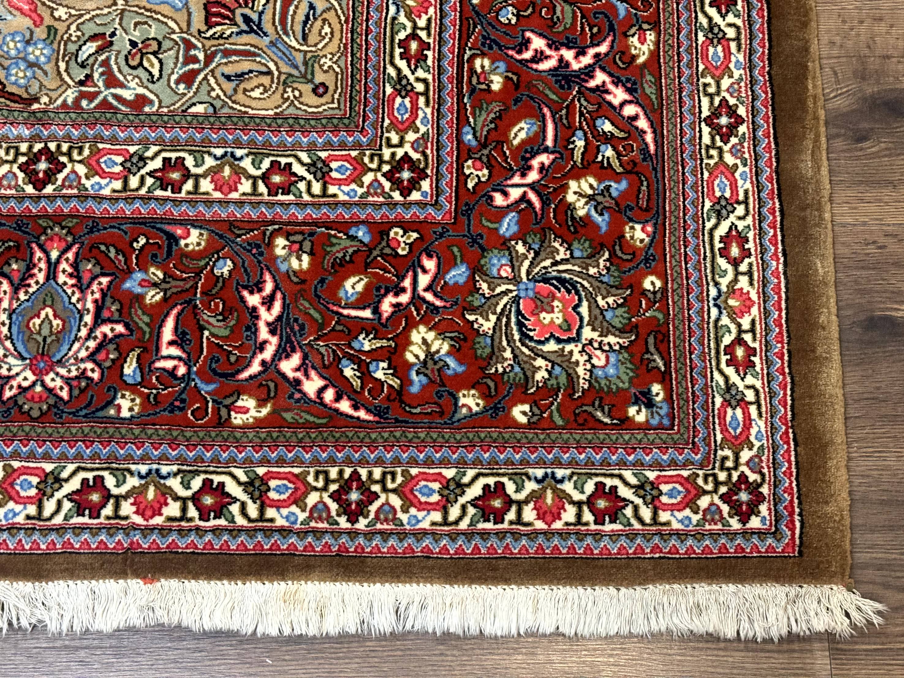Persian Qum Rug 7x11, Beige and Red, Highly Detailed Floral Pattern, Fine 260 KPSI