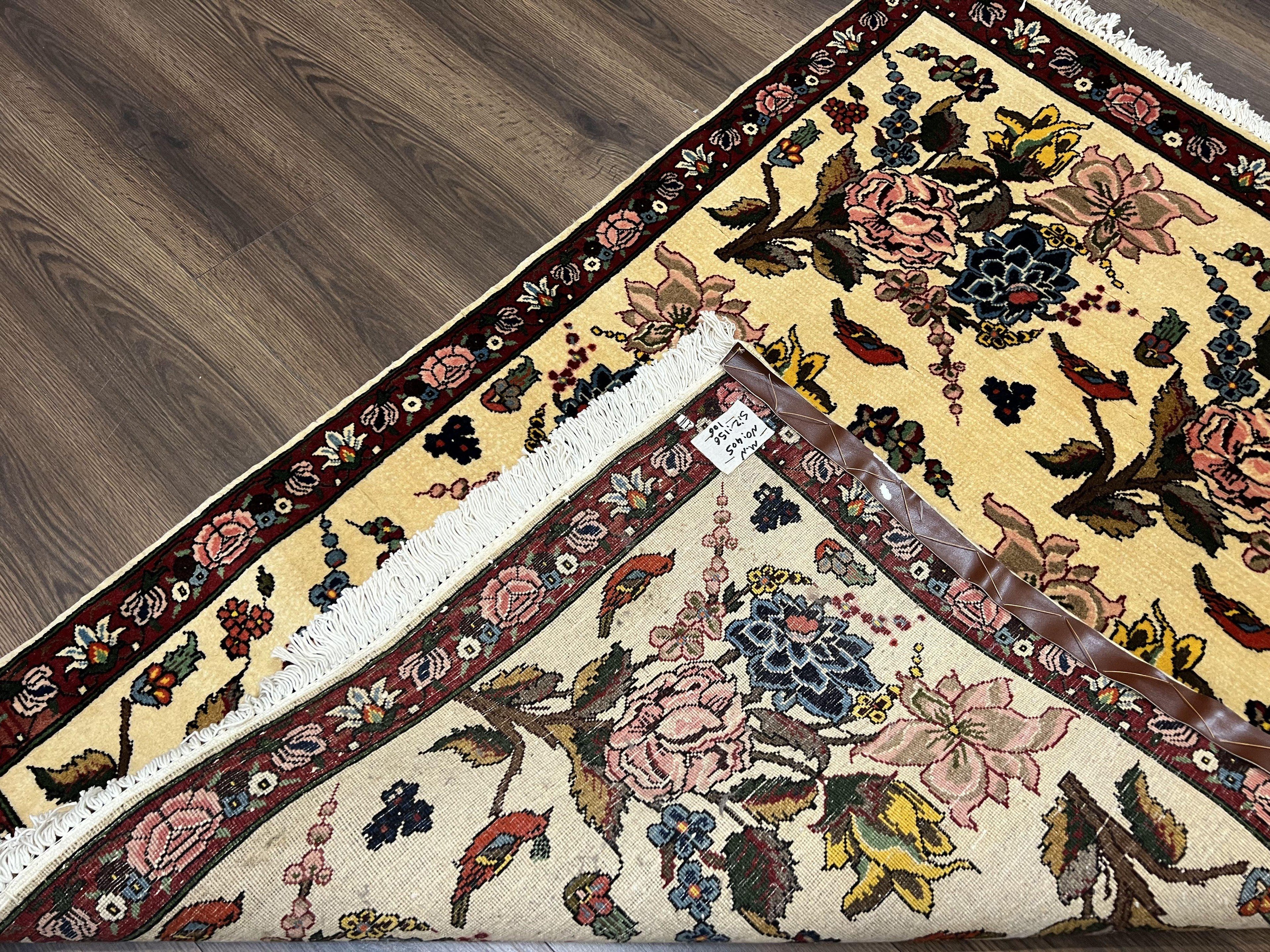 Persian Bidjar Rug 3.6 x 5 ft, Repeated Floral Motifs, Roses and Birds, Cream Burgundy, Fine Wool Oriental Bijar Carpet, Vintage Traditional Area Rug