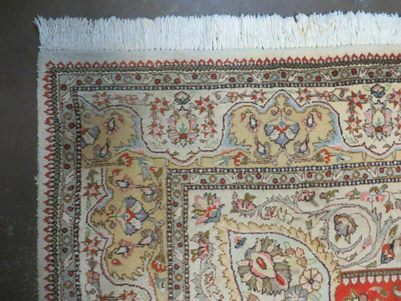 Vintage Persian Tabriz Rug 9x12, Tabatabaie Rug 9x12 Carpet, Handmade Hand Knotted Wool Area Rug, Tomato Red Beige, Medallion Rug, Floral