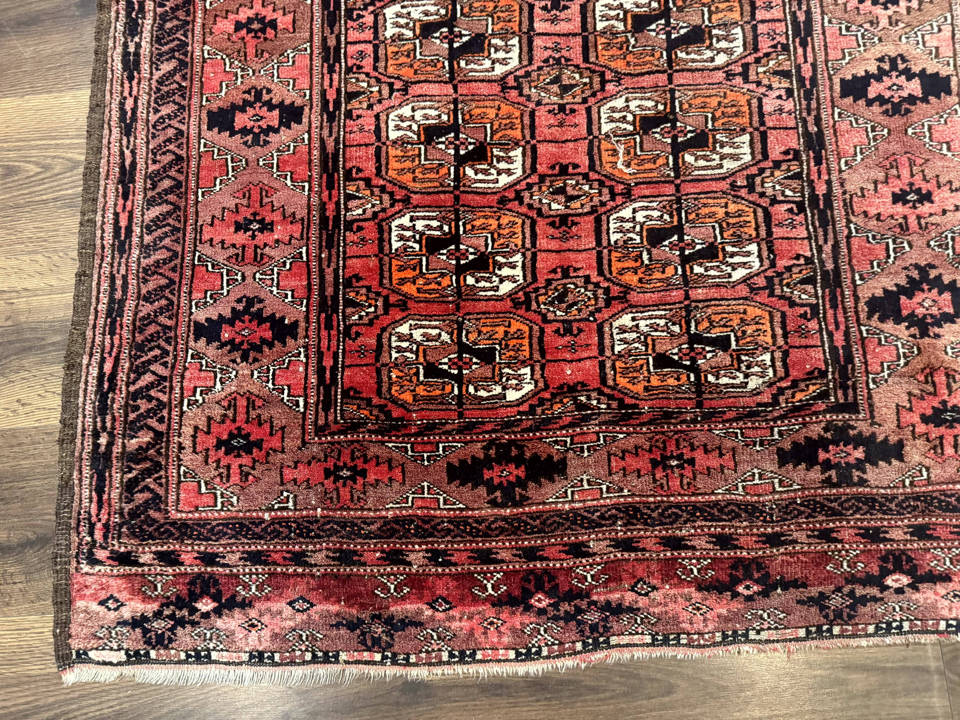 Antique Turkoman Rug 3.7 x 6.7, Red, Wool Runner Rug