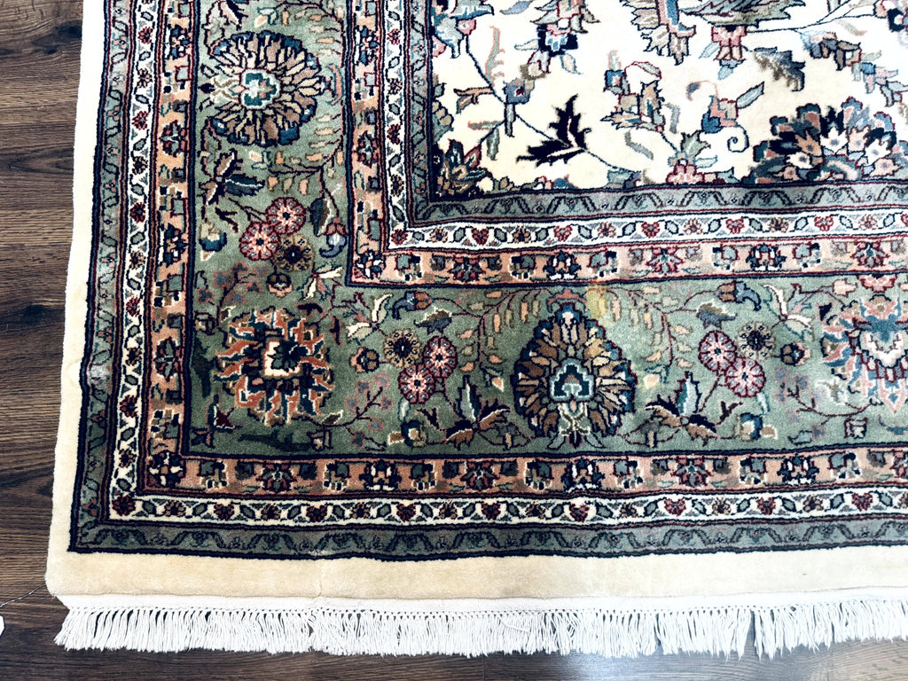 Indo Persian Rug 9x12, Allover Floral Pattern, Ivory & Green, Traditional Oriental Carpet