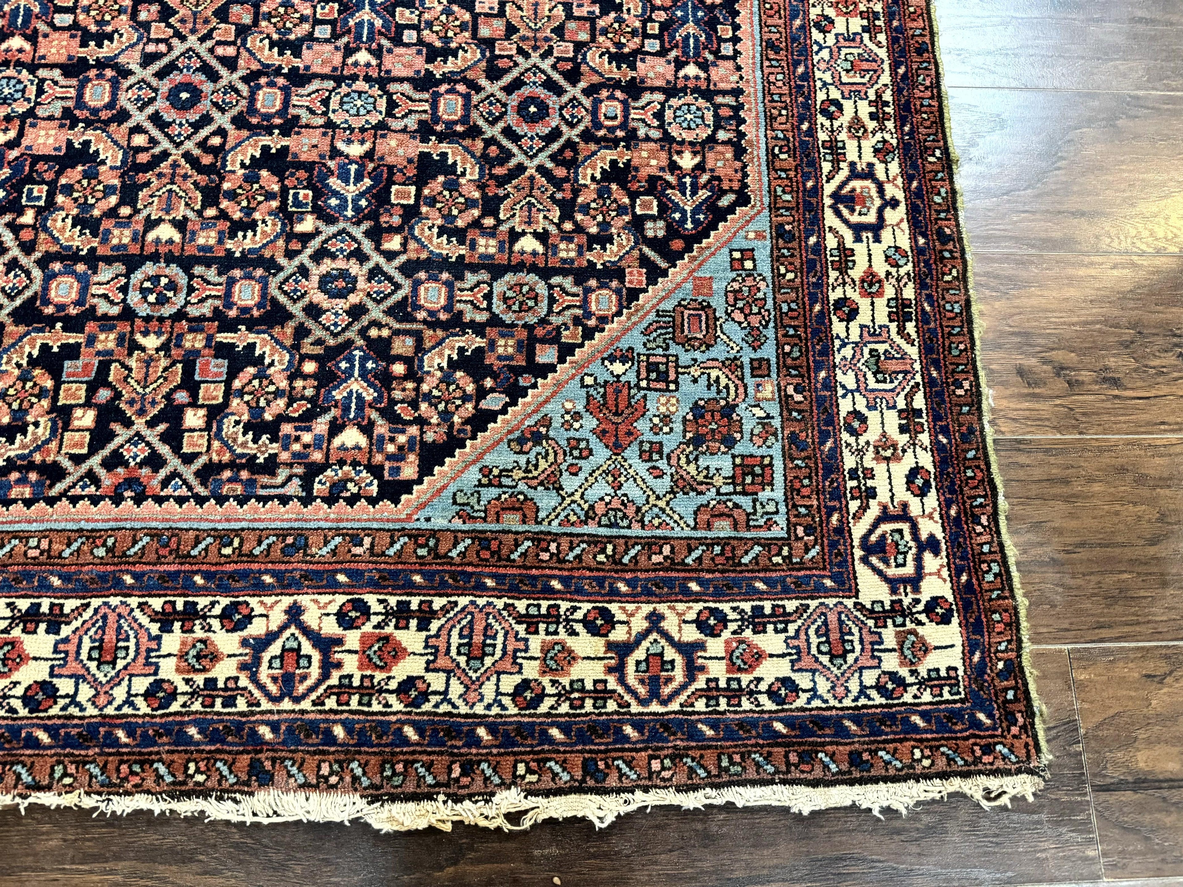 Antique Persian Rug 5 x 6.7, Navy Blue & Ivory, Handmade Persian Wool Carpet, Hamadan Angelas Rug