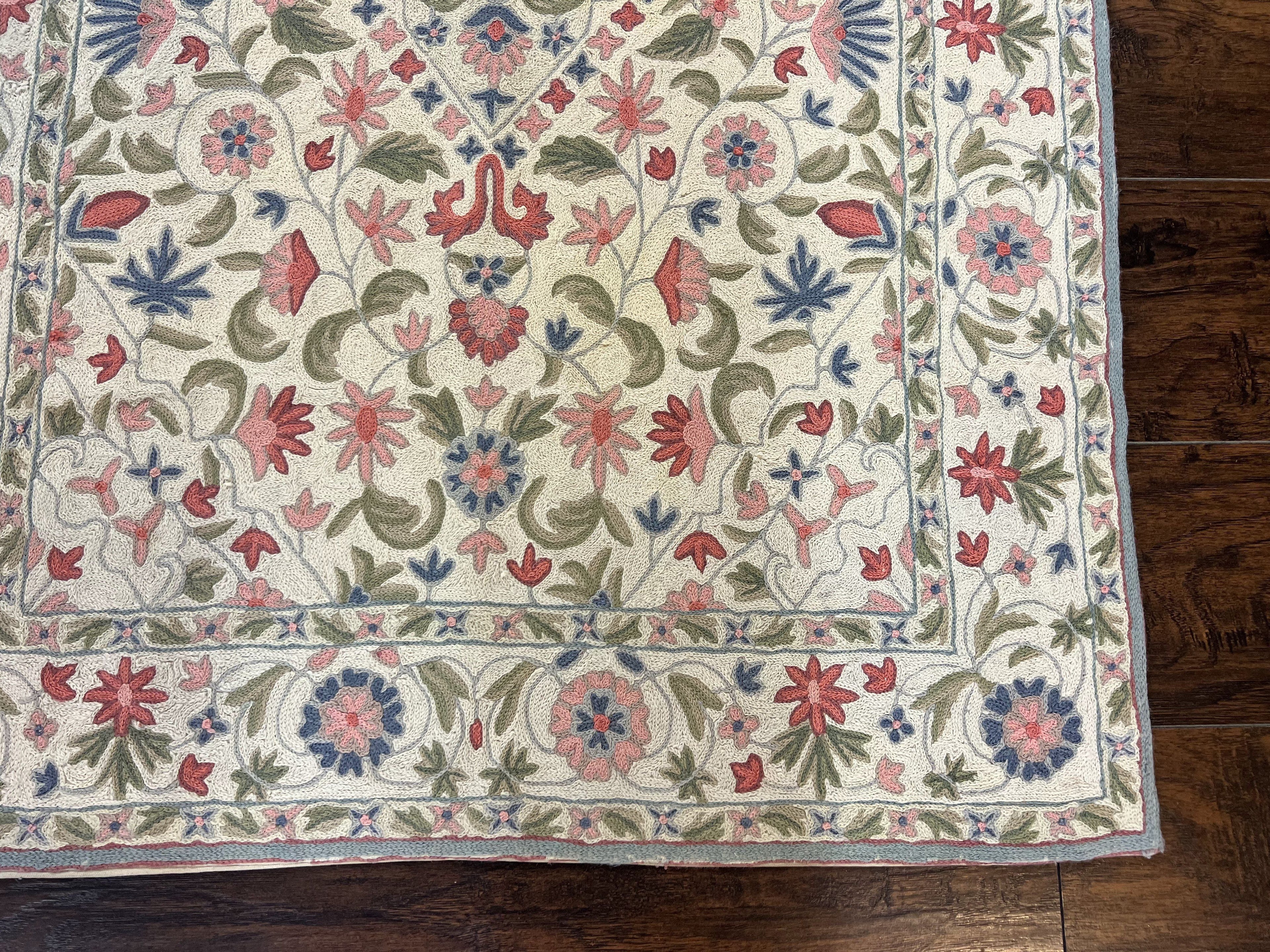 Hand Stitched Indian Rug 4x5, Floral, Vintage Hand Embroidered Rug