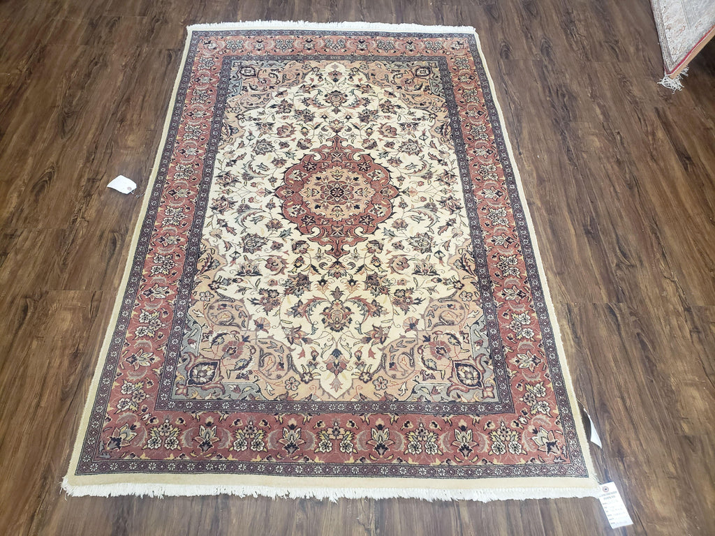 4x6 Handmade Top Quality Pakistani Floral Wool Rug Veg Dyes Carpet Beige Salmon