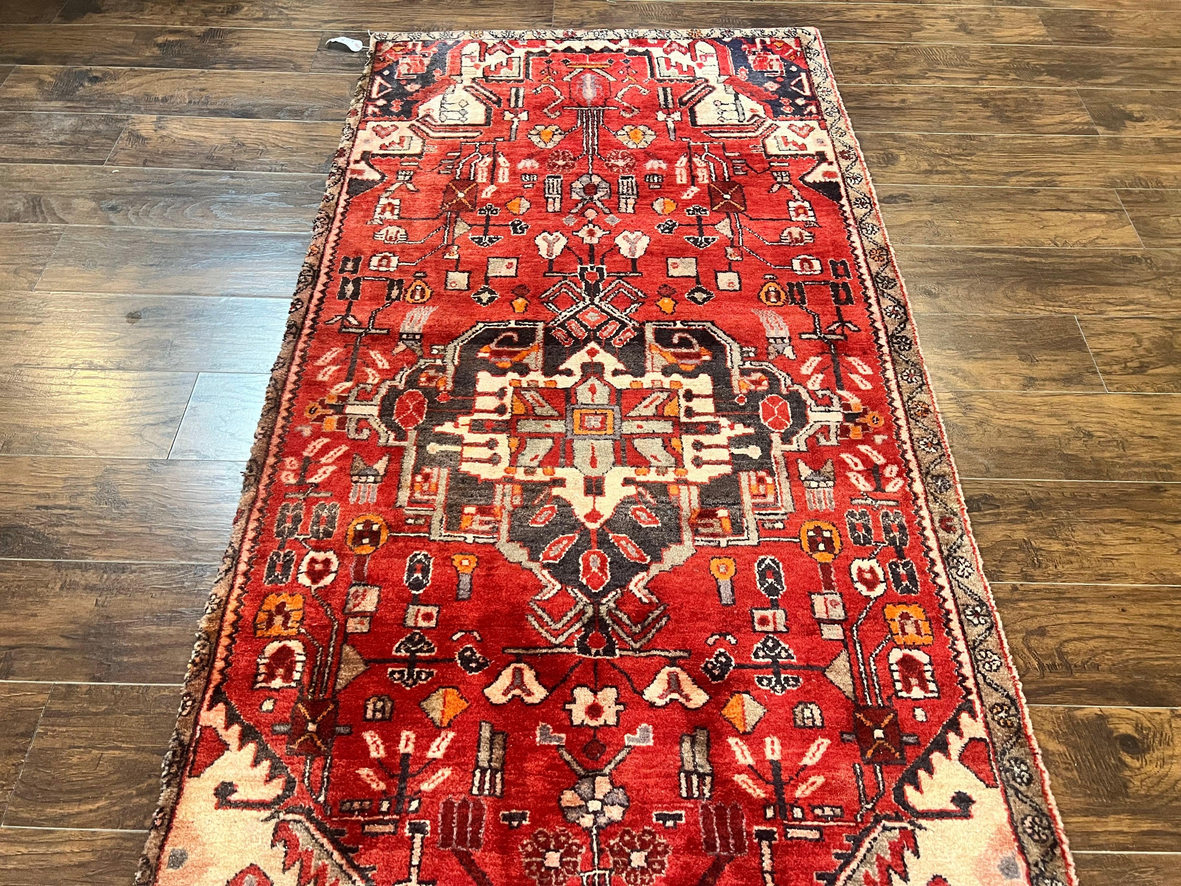 Antique Persian Tribal Rug 4 x 8, Geometric Medallion, Boho Rug, Wool Handmade Rug, Red 4x8 Rug, Persian Hamadan Rug