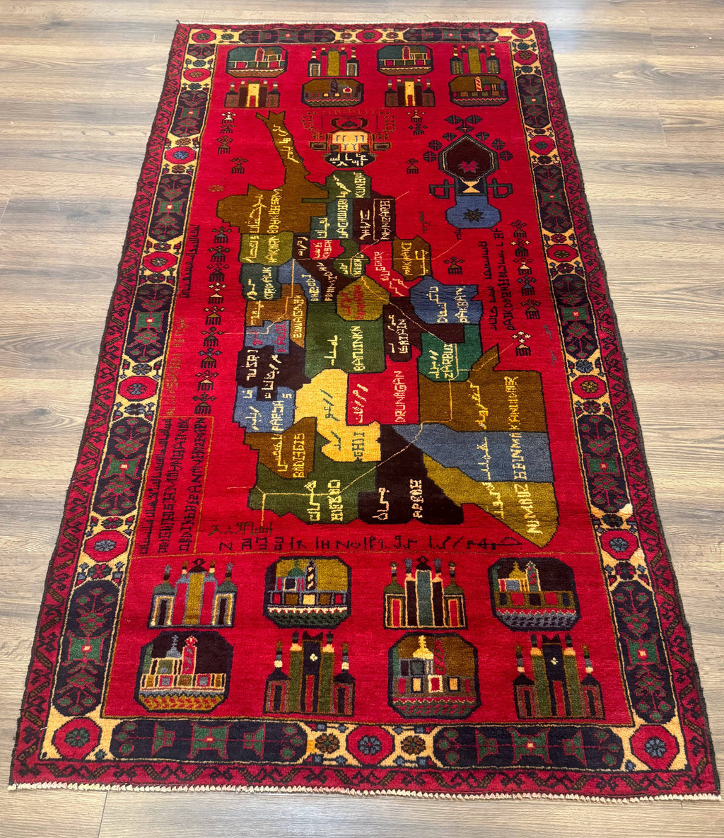 Red Afghan Balouch Rug 3x7, Tribal, Map of Afghanistan Depiction, Handmade, New