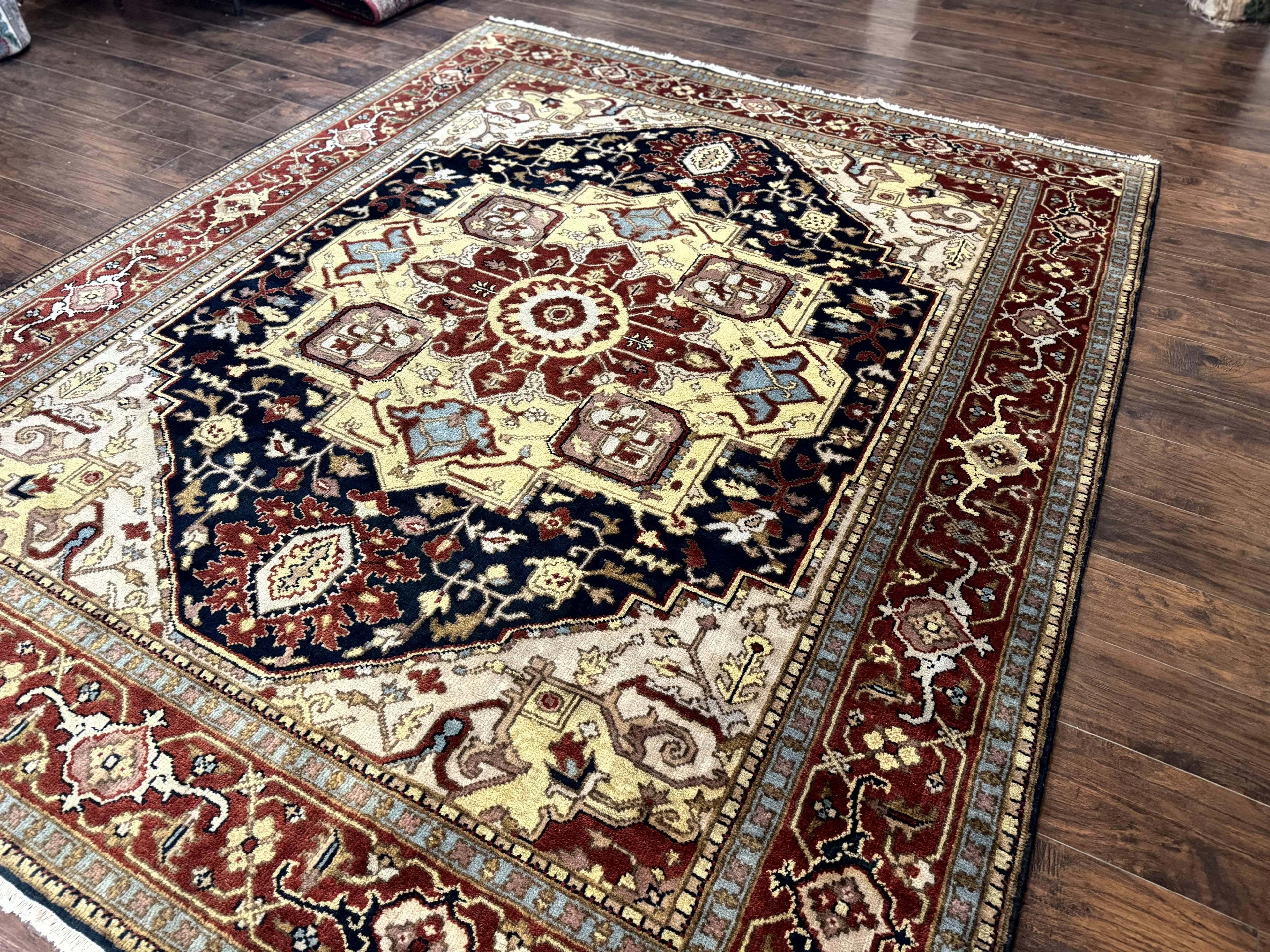 Indo Persian Heriz Rug 8x10, Geometric Medallion, Serapi Carpet, Wool Vintage Rug