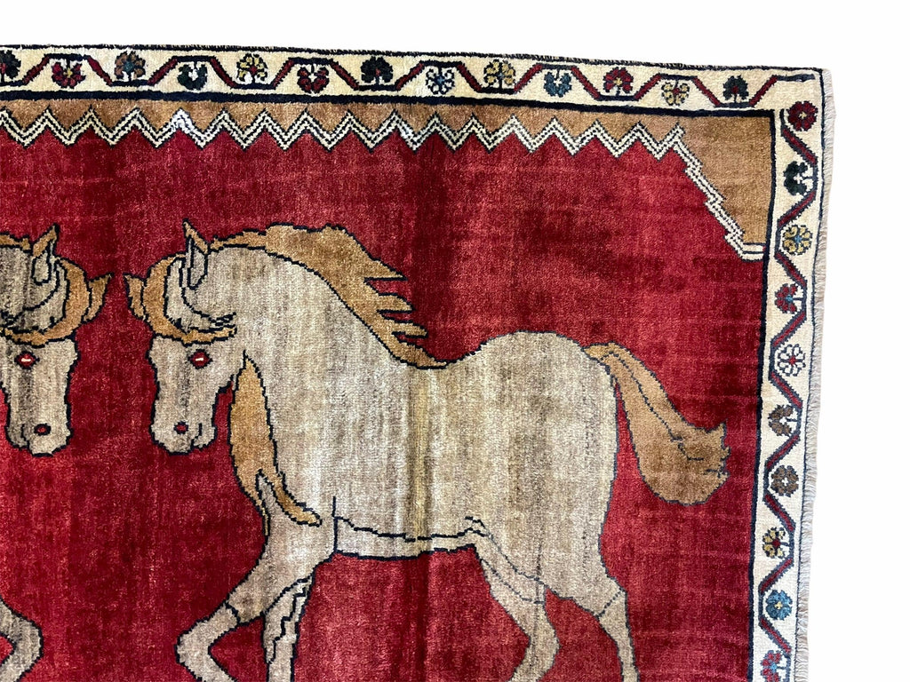 4 X 6 Handmade Hand-Knotted New Vintage Rug Wool Horses Red Organic Dyes Tribal