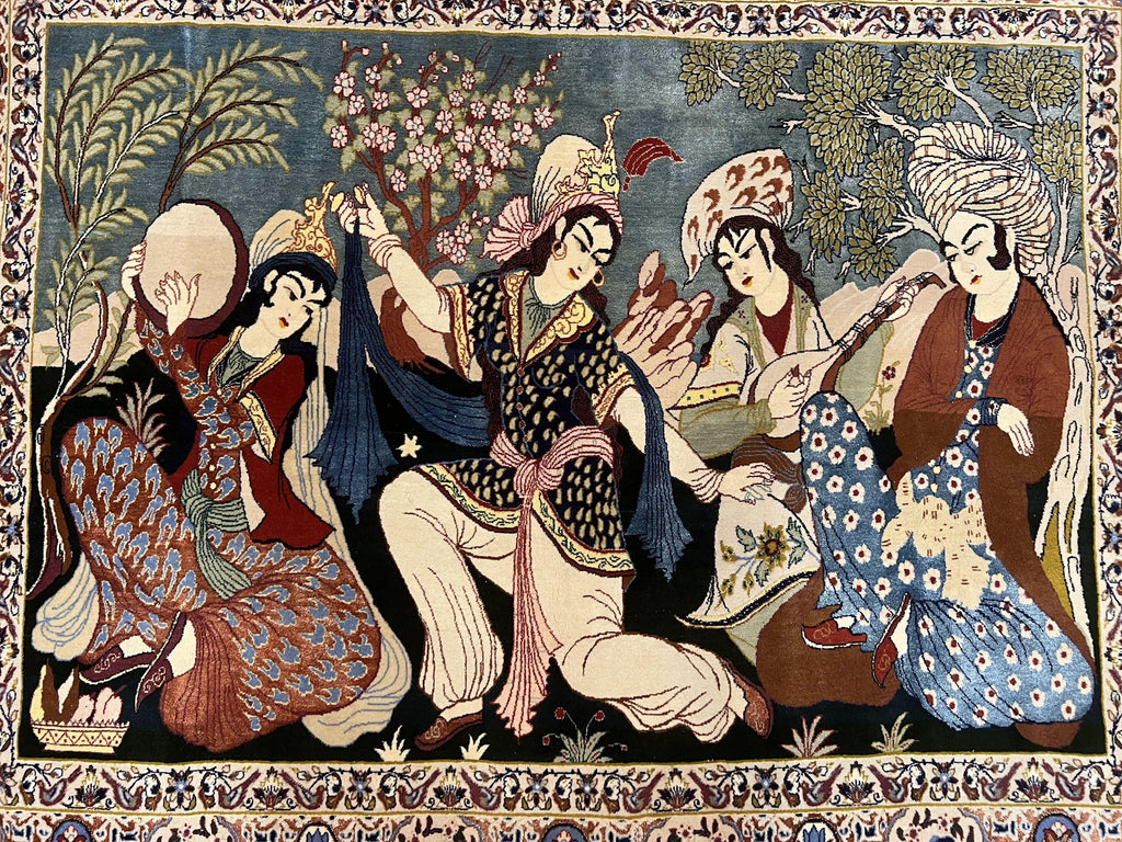 Persian Pictorial Rug 5 x 4 ft, Persian Isfahan Rug, Kork Wool on Silk Foundation, Signature from Master Weaver, Drums and Musical Instruments, Birds, Detailed