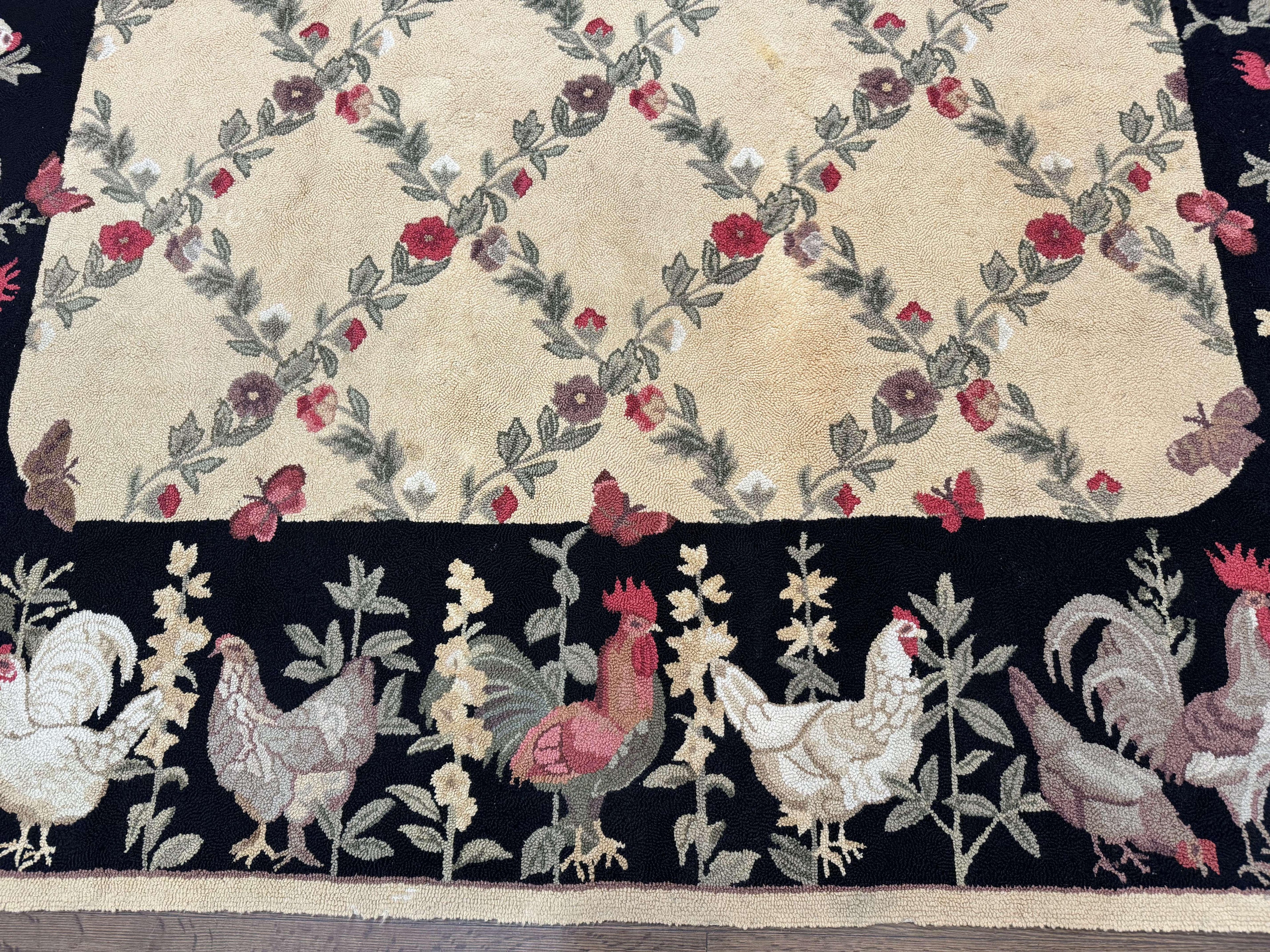 Vintage Hooked Rug 7x9, Rosters in Border, Roses and Butterflies