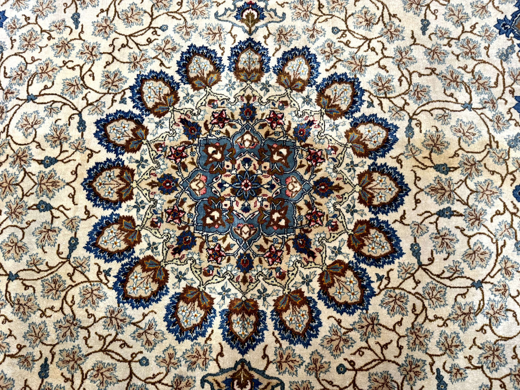 Persian Kashan Rug 9 x 12.6, Ivory and Blue, Floral Medallion, Wool Hand Knotted Semi Antique Carpet