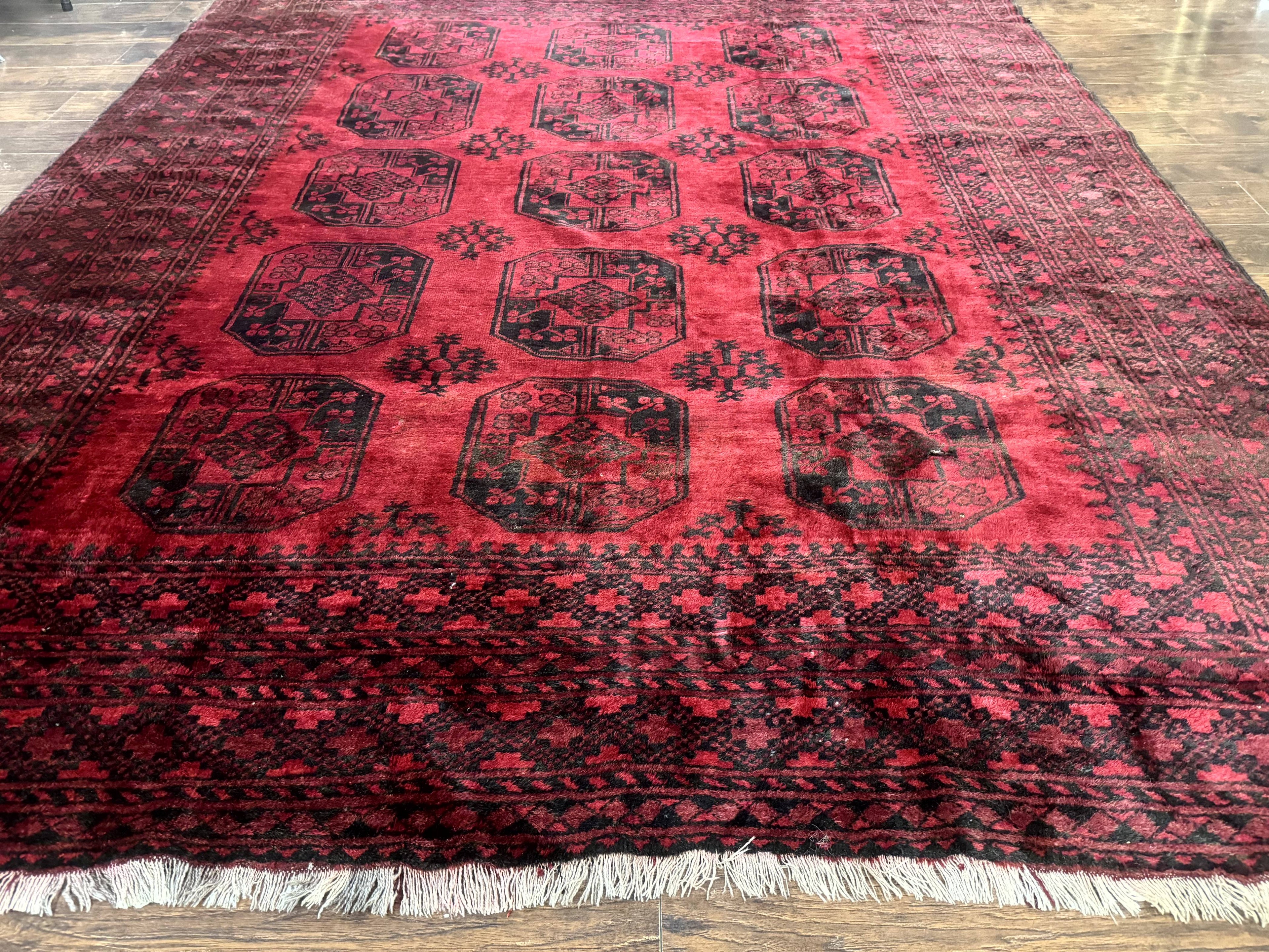 Afghan Turkoman Rug 9x10, Red Beshir Carpet, Tribal, Wool, Antique