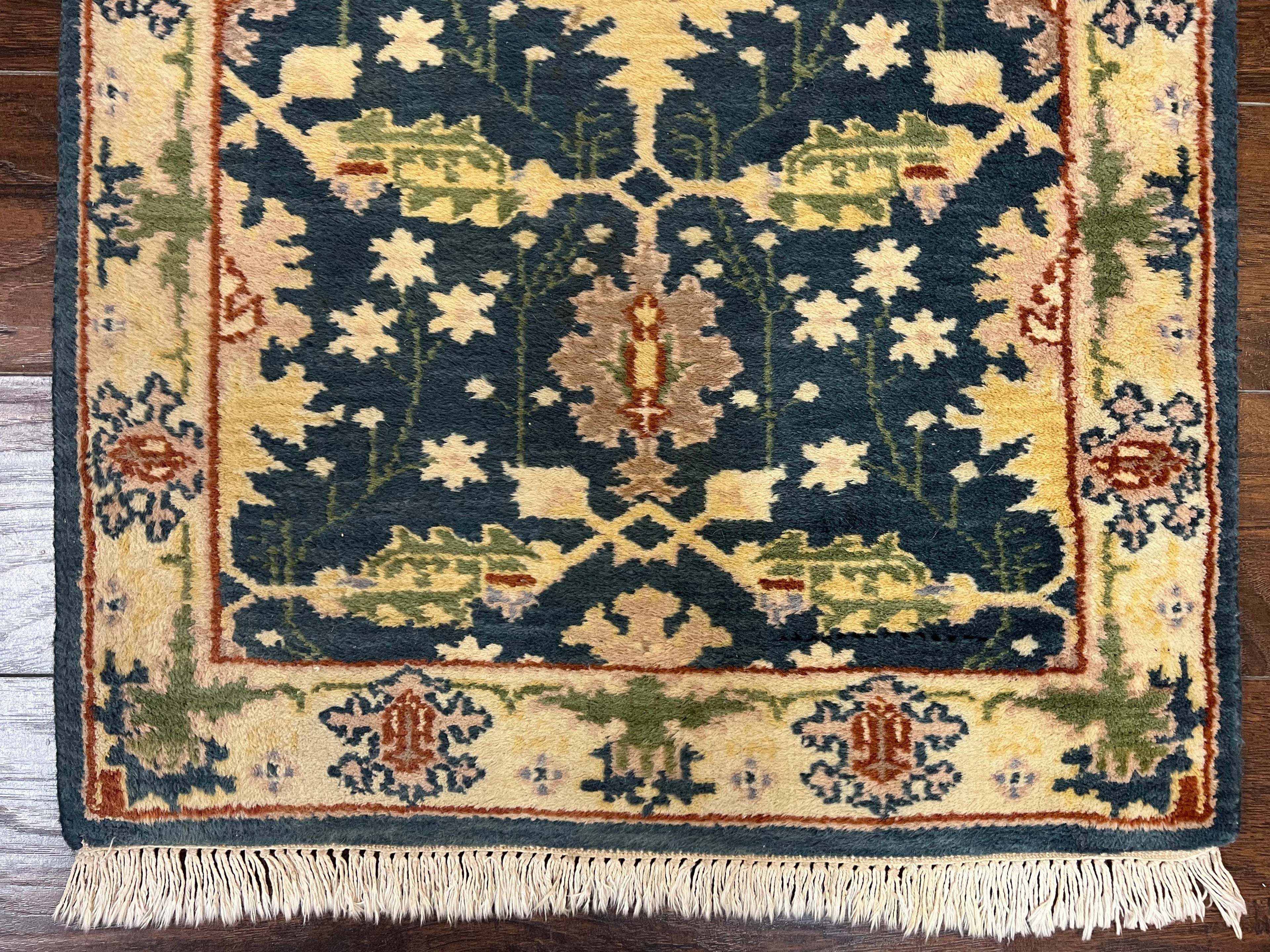Indian Runner Rug 2.6 x 12, Navy Blue Beige Oriental Runner Rug 12ft Long, Narrow Hallway Runner, Wool Hand Knotted Indo Persian Mahal Rug
