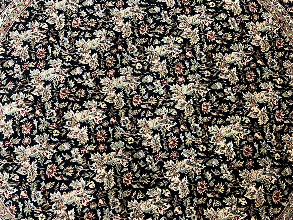 Round Oriental Rug 8x8 ft, William Morris Floral Pattern Carpet, 8 x 8 ft Round Rug, Black Cream and Tan 8ft Round Handmade Indo Persian Rug