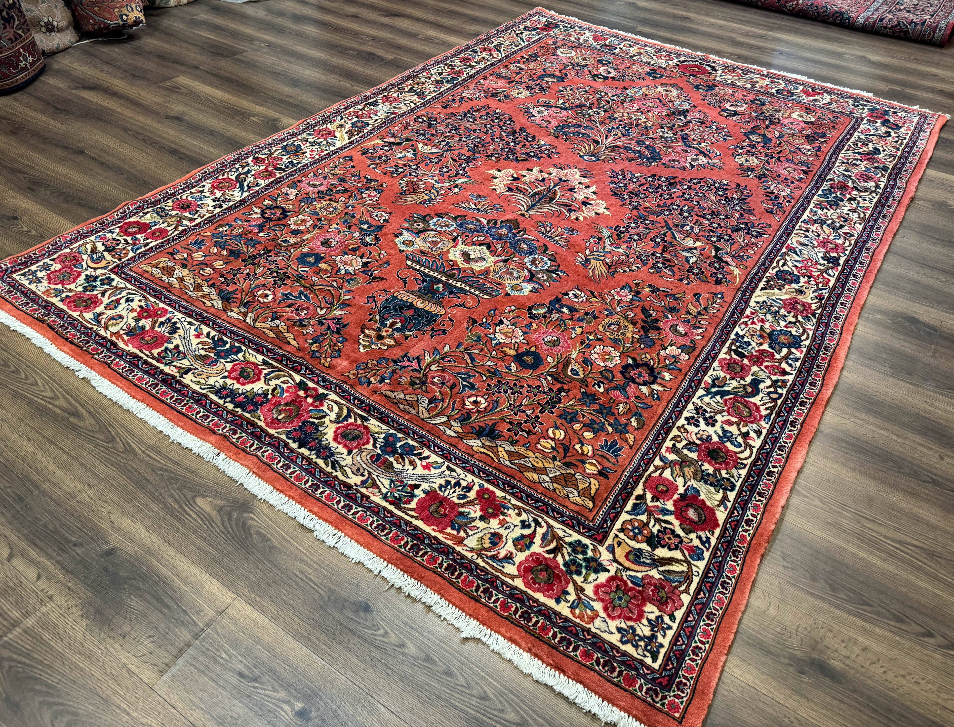 Persian Sarouk Rug 7x10, Red and Ivory, Floral Bouquets, Birds
