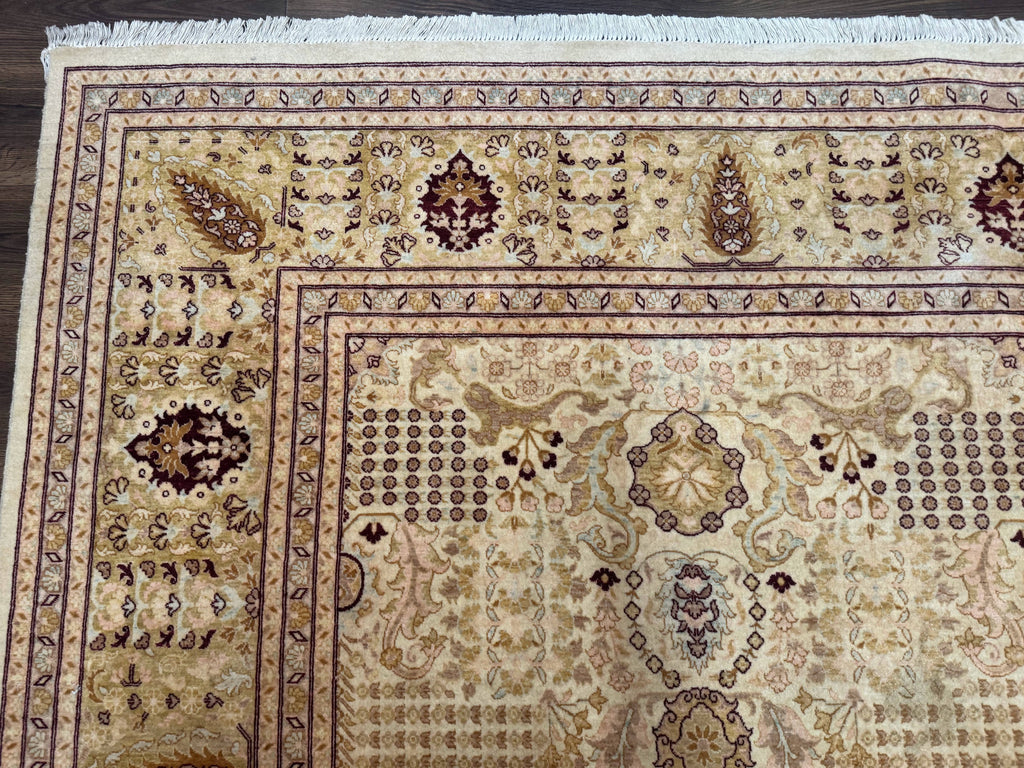 Pakistani Carpet 9x12, Finely Hand Knotted 270 KPSI, Cream, Allover Pattern