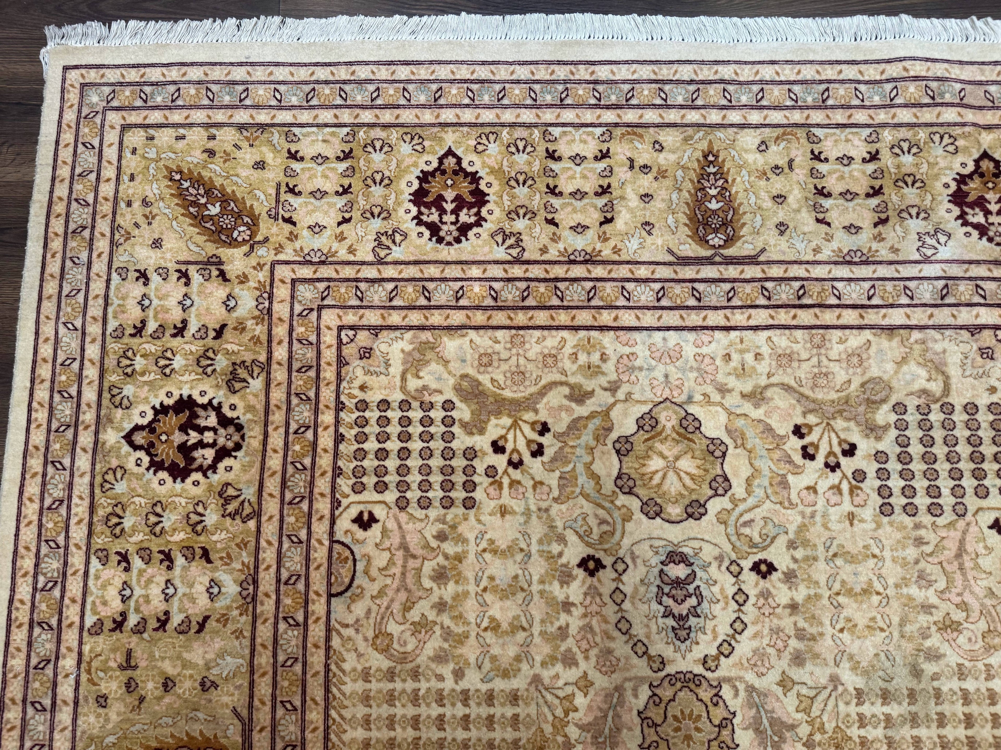 Pakistani Carpet 9x12, Finely Hand Knotted 270 KPSI, Cream, Allover Pattern