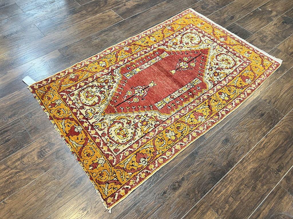 Antique Turkish Prayer Rug 3x5, Hand Knotted Turkish Melas Oushak Wool Carpet, Mehrab Rug, Orange & Red Vintage Rug 3 x 5 Collectible