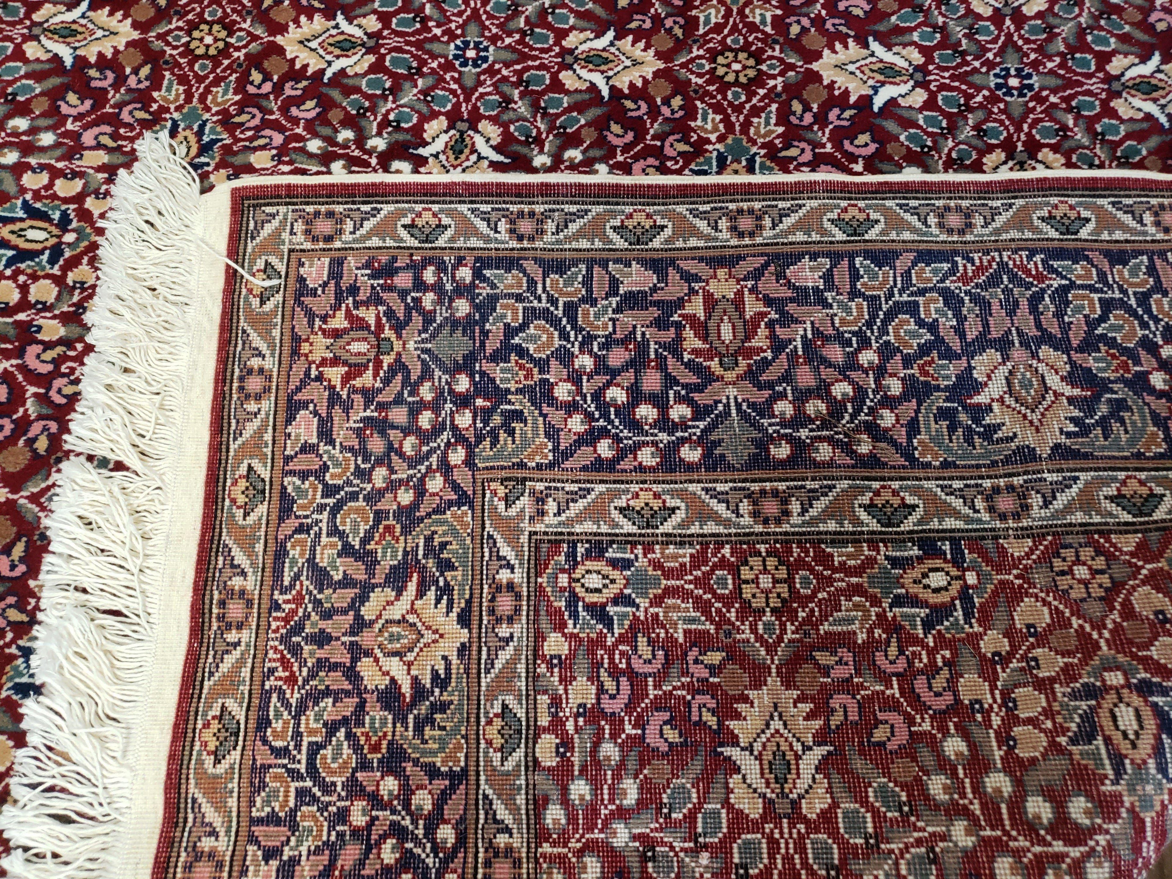 Vintage Turkish Sivas Area Rug 6.5 x 9.5, Wool Hand-Knotted Red & Midnight Blue Allover Floral Pattern Oriental Carpet, 6x9 Traditional Rug
