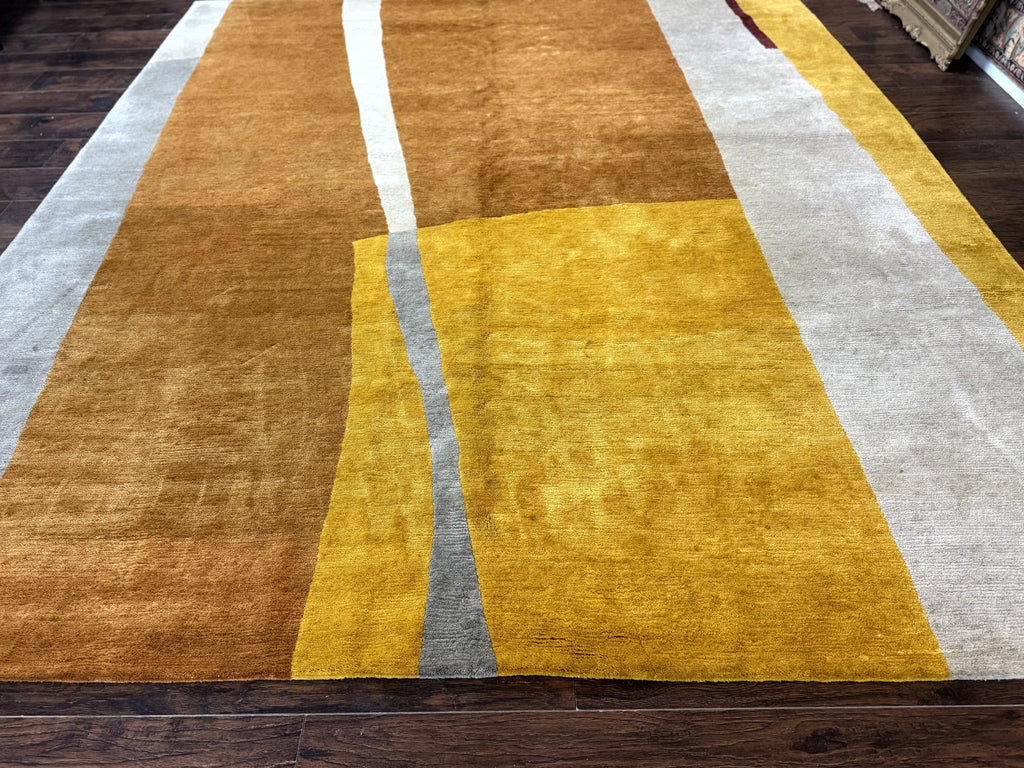 Modern Tibetan Rug 9x10, Wool Handmade Tibetan Area Rug, Abstract Multicolor