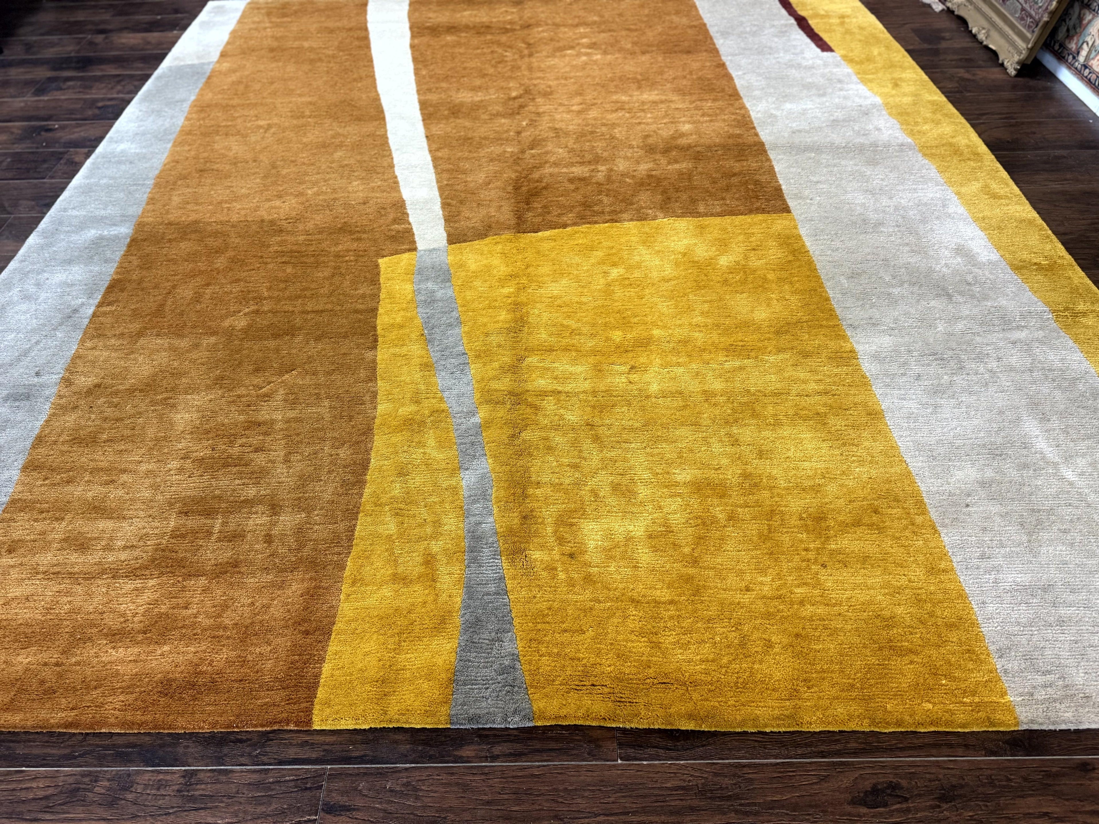 Modern Tibetan Rug 9x10, Wool Handmade Tibetan Area Rug, Abstract Multicolor