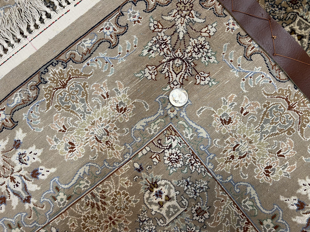 Super Fine Persian Isfahan Rug 3x5 ft, Kork Wool on Silk Foundation, Repeated Floral Motif, Taupe Tan Hand Knotted Oriental Carpet 3 x 5 ft, Signed