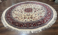 Round Sino Persian Rug 8x8, Wool and Silk, Floral Medallion, Ivory Dark Red
