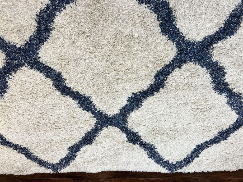 Modern Shag Rug 9x12, Ivory and Dark Blue, Diamond Pattern, Soft, Room Sized, Contemporary Rug, Plush