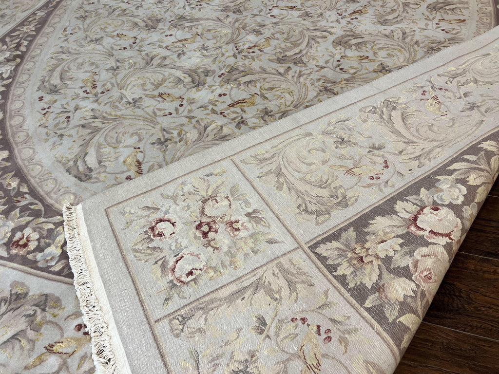 Aubusson Rug 10x14, Wool & Silk Highlights Hand Knotted Vintage Carpet, Birds Flowers, Fine Details, Elegant