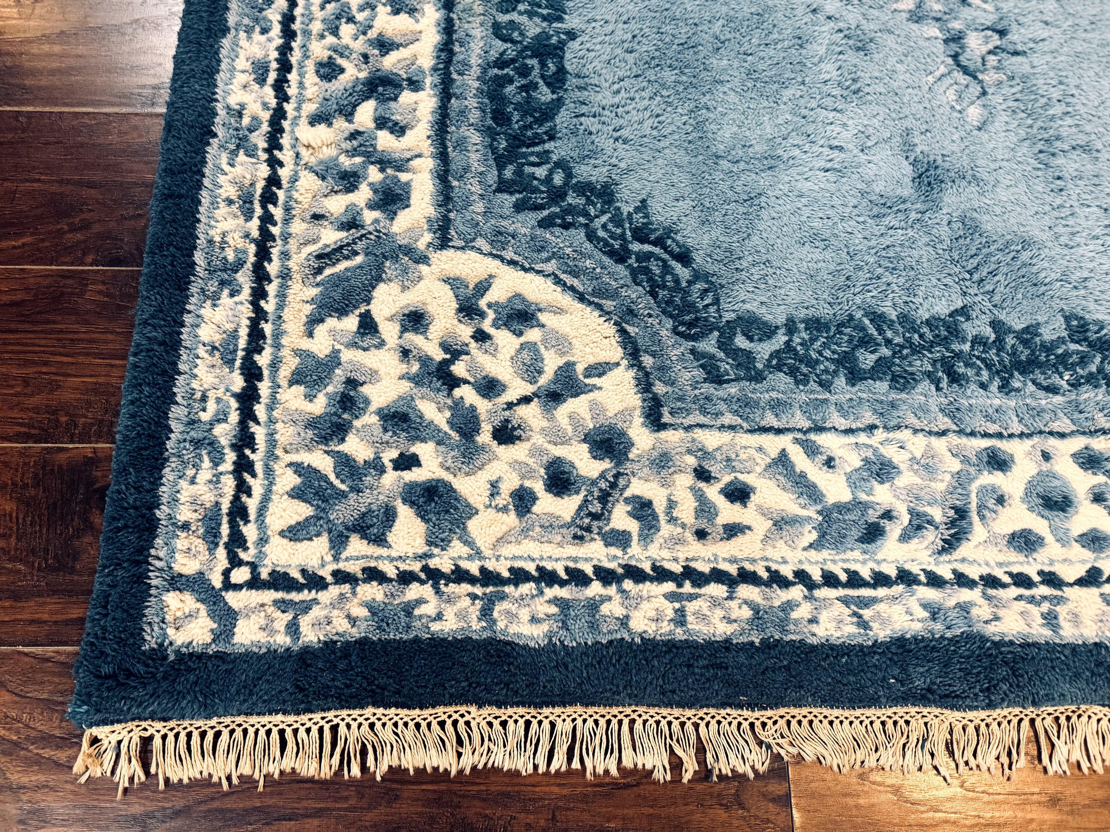 Indo Chinese Aubusson Rug 6x9, Light Blue and Ivory, Handmade Vintage Wool Carpet