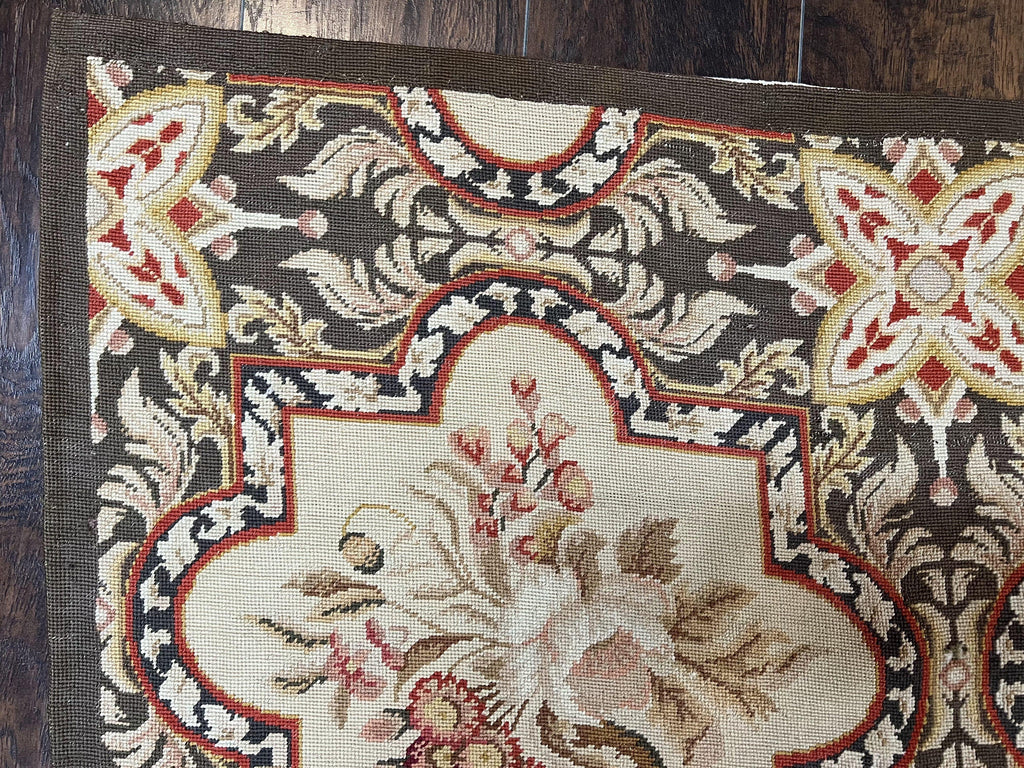 Needlepoint Runner Rug 2.8 x 9.8, Brown and Beige, Handwoven Handmade Floral French European Design, Vintage Flatweave 10ft Wool Runner Rug