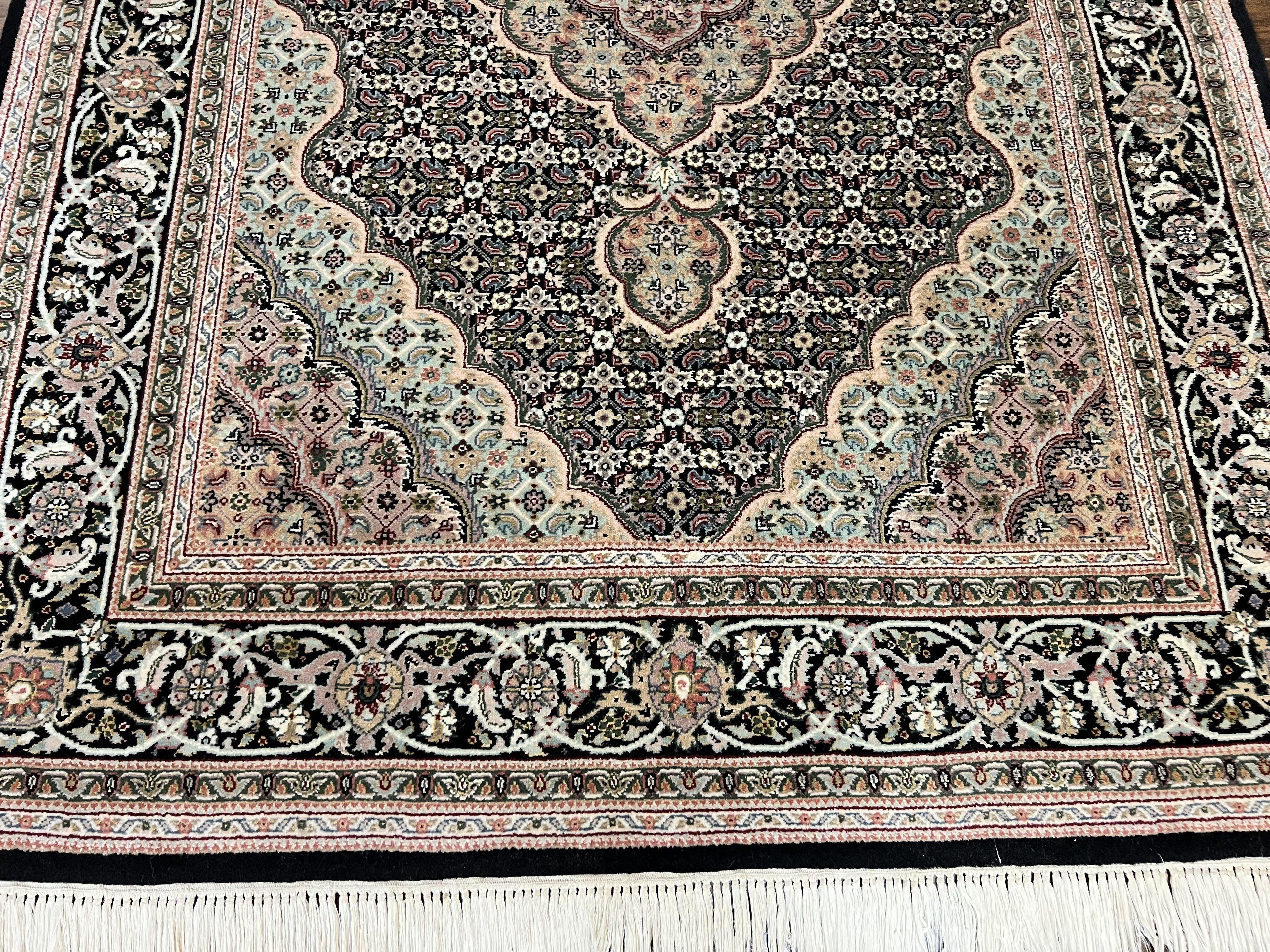 Sino Persian Rug 4x6, Fine Hand Knotted Carpet, Black, Wool, Vintage Rug 4 x 6, Herati Mahi, 300 KPSI