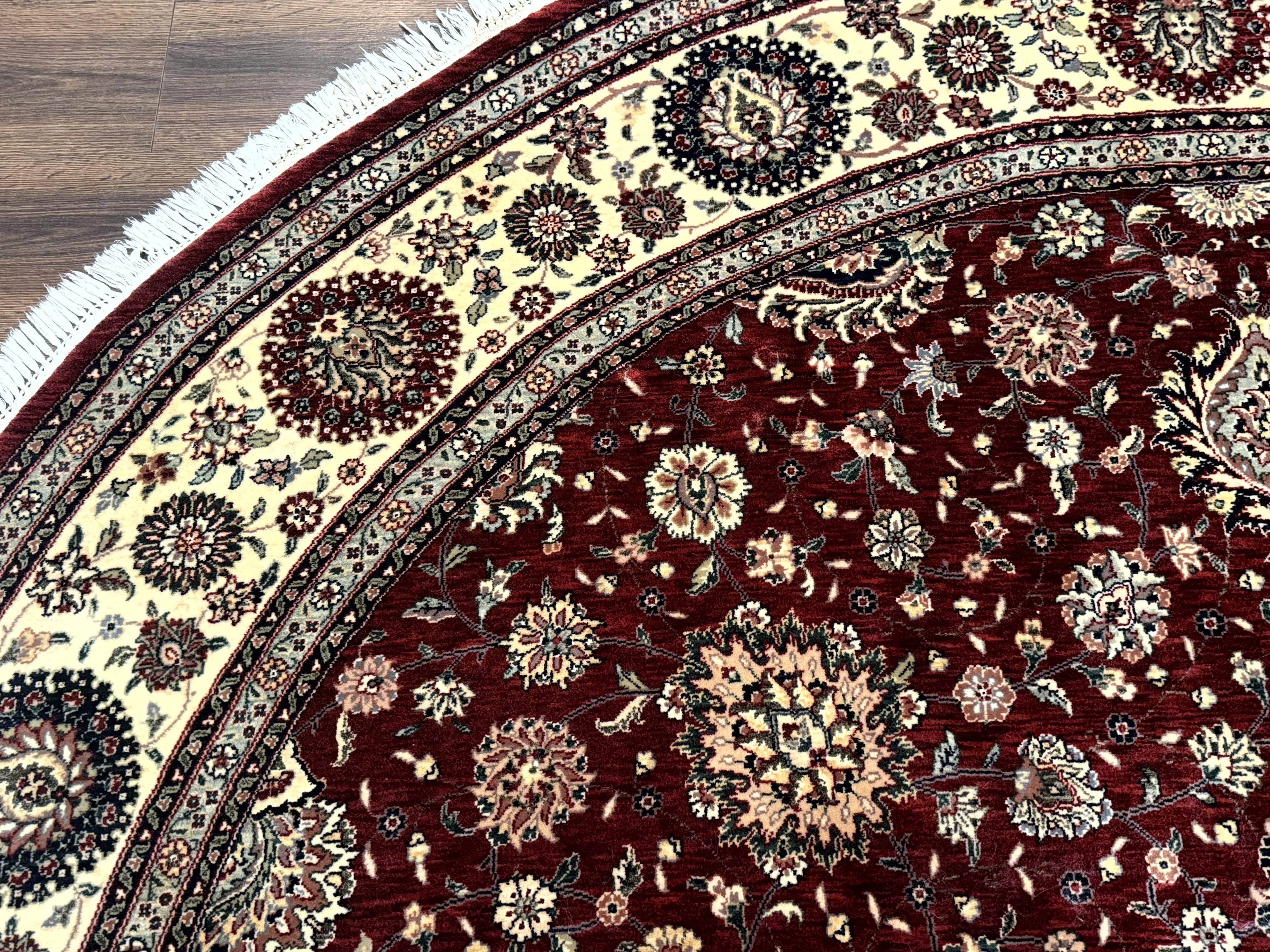 Round Sino Persian Rug 9x9, Burgundy and Cream, Floral, Wool and Silk, 9ft Round Carpet