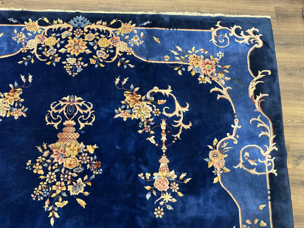 Blue Chinese Art Deco Rug 9x12, Vintage Antique Chinese Wool Rug, Chinese Fette Rug