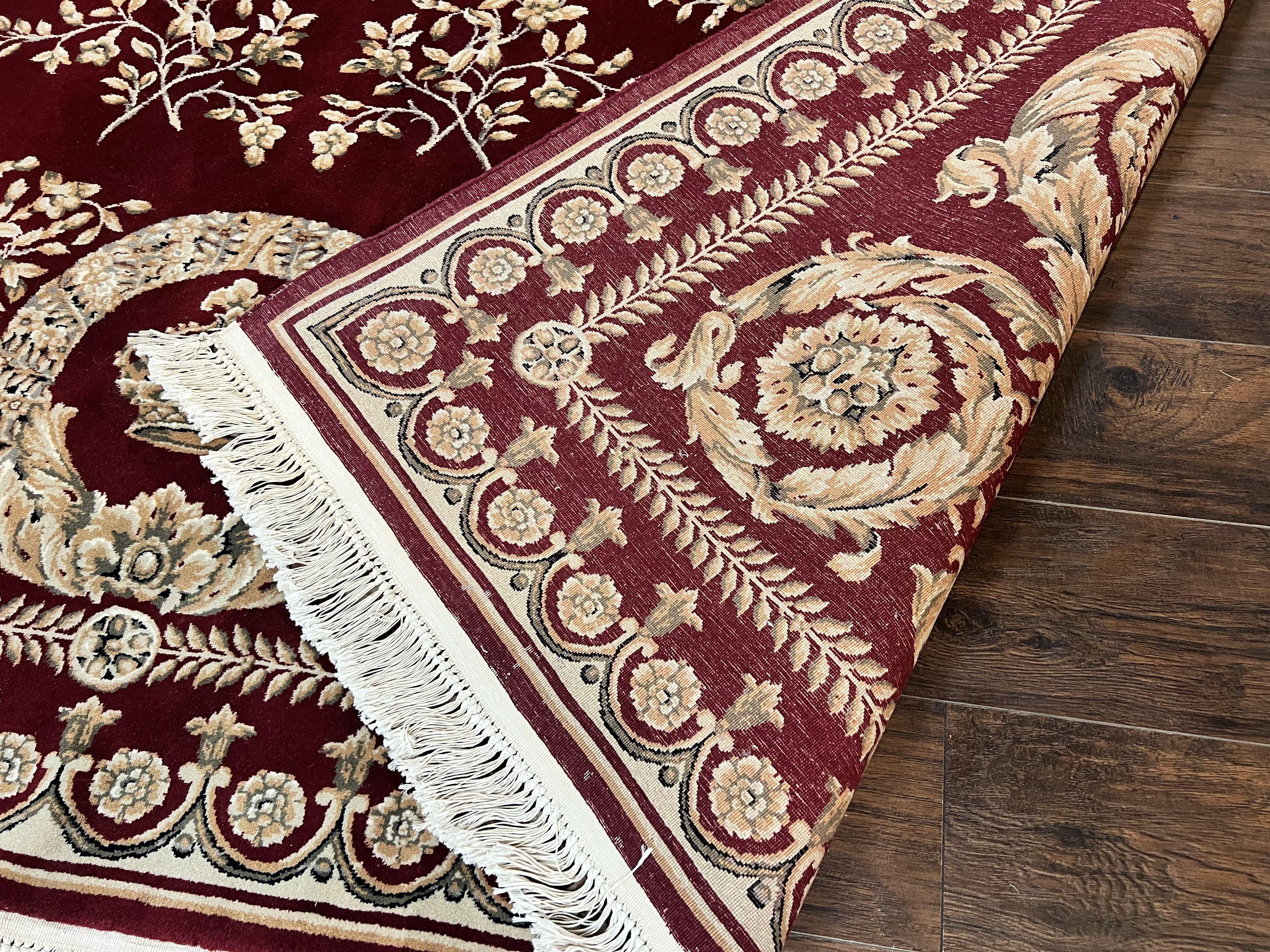 Aubusson Rug 9x12, Wool Handmade Carpet, Elegant French European Design, Dark Maroon Red, 9 x 12 Room Sized Rug, Finely Hand Knotted