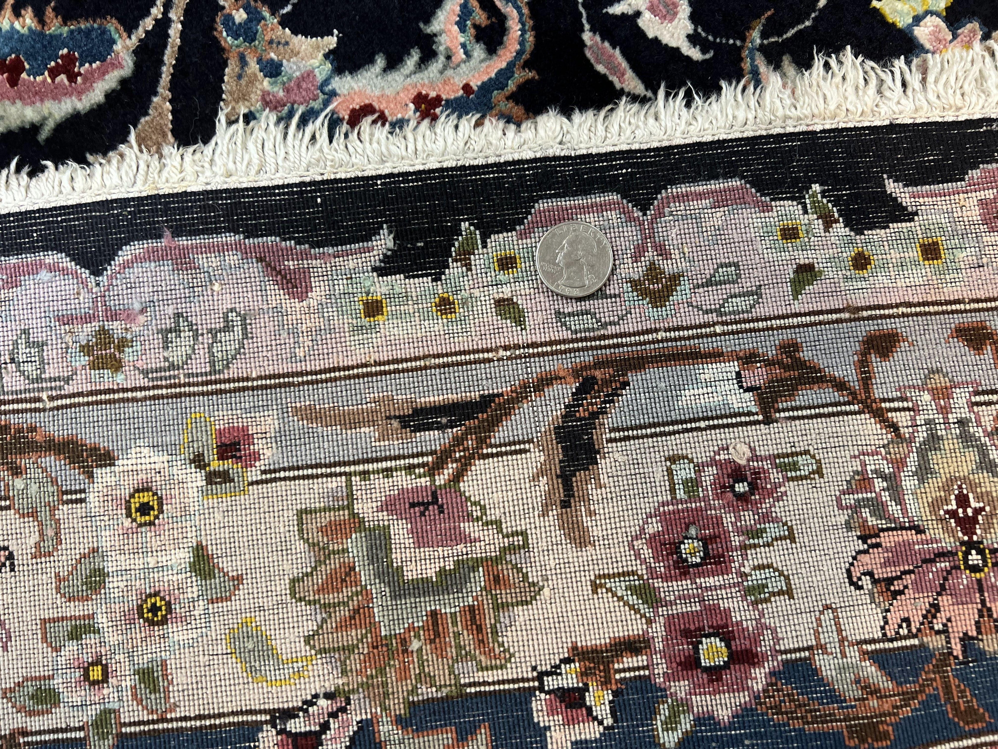 Magnificent Persian Tabriz Rug 11x16, Oversized Persian Carpet 11 x 16 ft, Wool on Silk Finely Hand Knotted, 450 KPSI, Floral Medallion, Black Pink