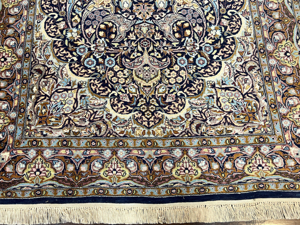 Pak Persian Rug 5x7, Navy Blue Hand Knotted Wool Oriental Carpet 5 x 7 ft, Floral Medallion, Traditional Vintage Pakistani Rug, 225 KPSI