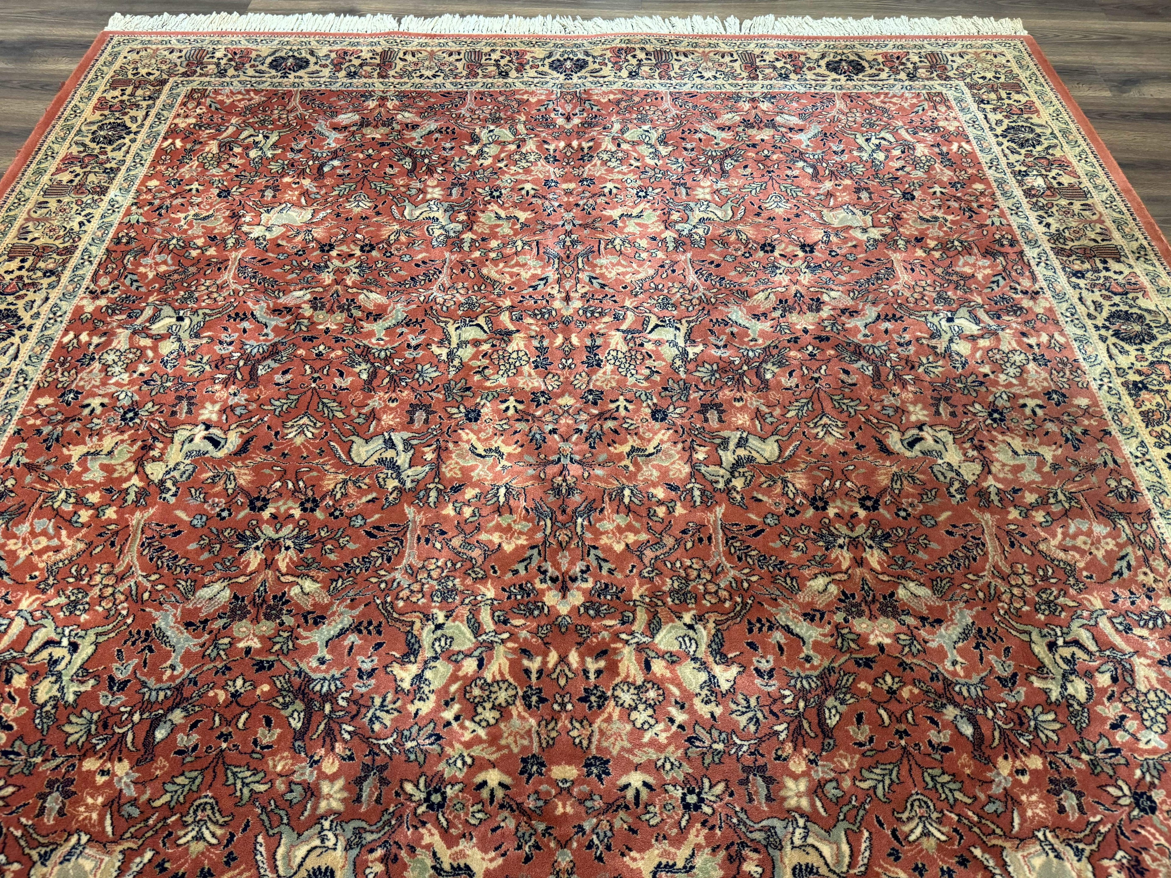 Persian Area Rug 8 x 11.6, Wool, Royal Hunting Scene, Vintage Couristan Rug, Red, Allover Pattern, Belgium Power Loomed