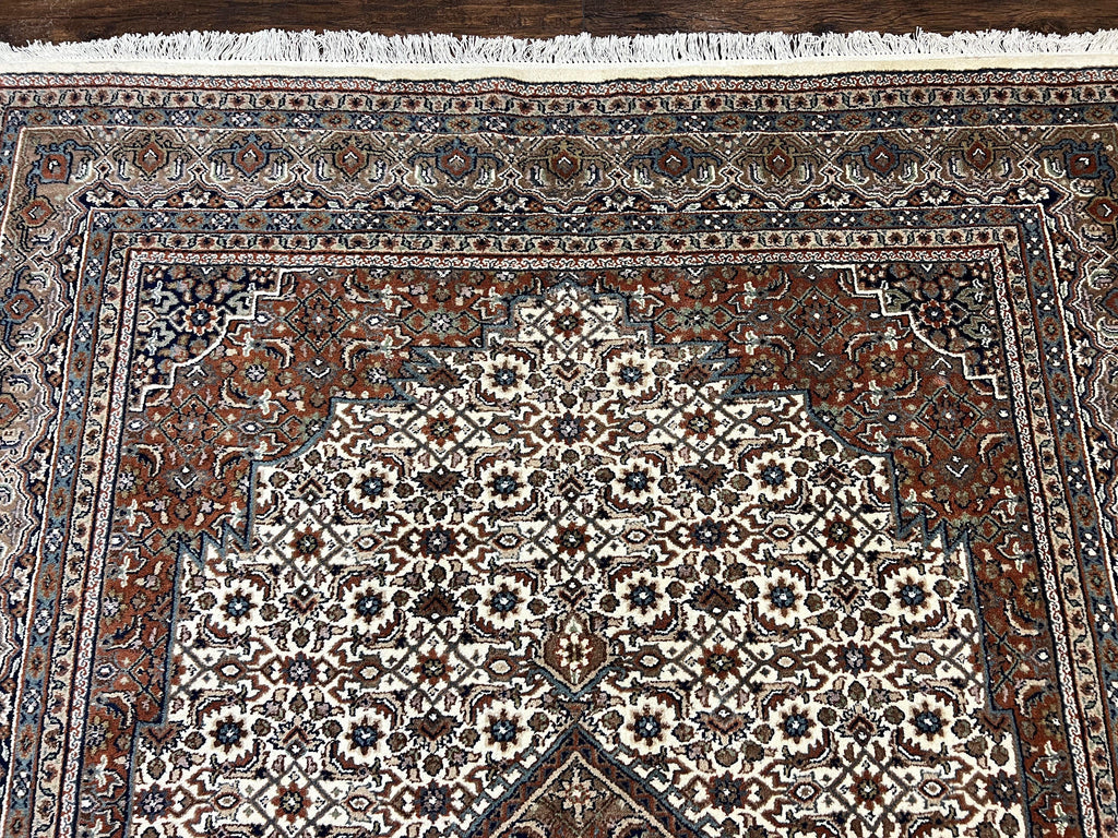 Indo Persian Rug 7x10 ft, Hand Knotted Wool Vintage Oriental Carpet 7 x 10, Traditional Handmade Herati Bidjar Cream Rug, Medallion Rug
