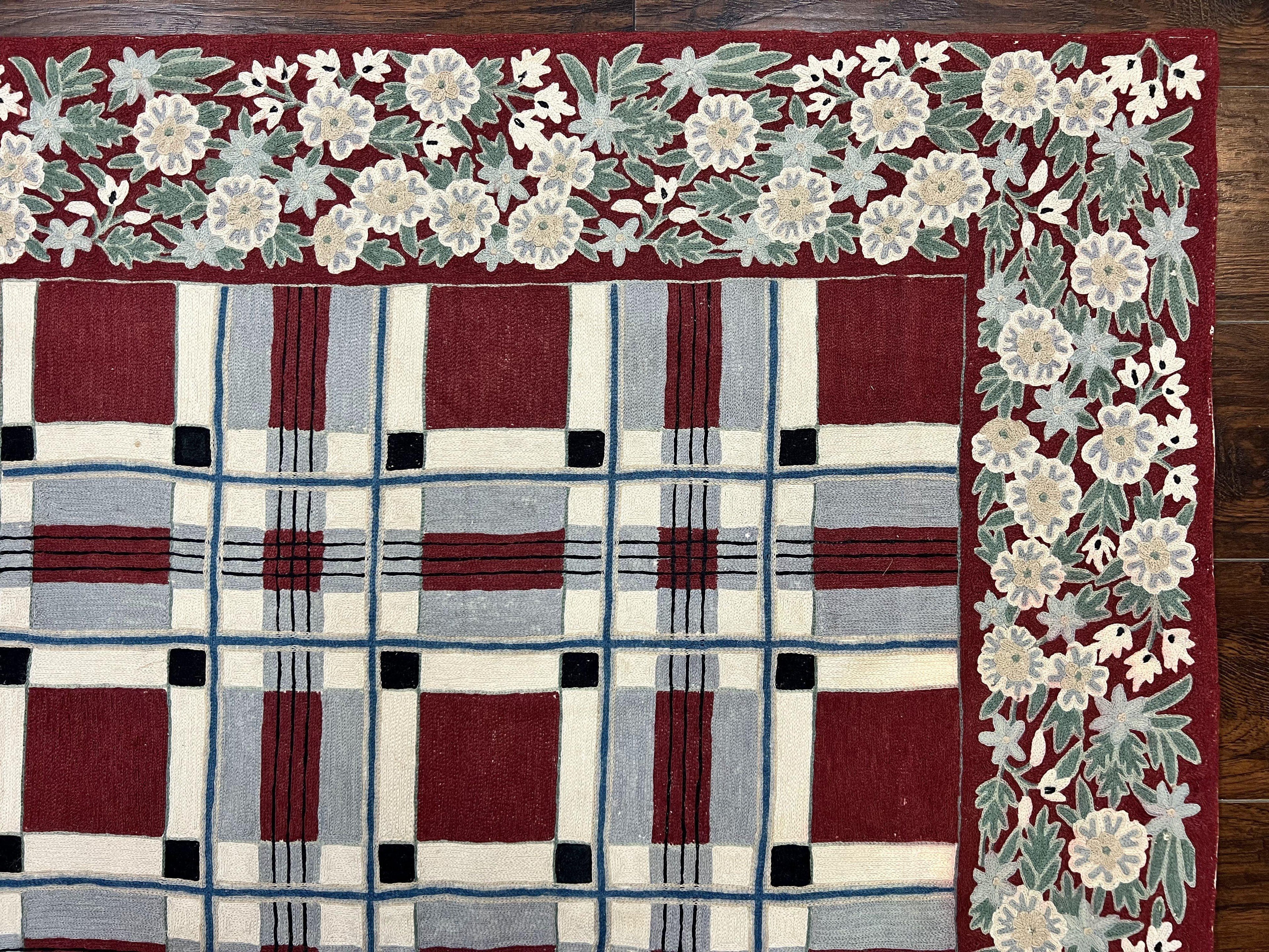 Indian Hand Stitched Rug 4x6, Vintage Carpet, Checkerboard Floral Pattern, Maroon Ivory, Flatweave, Wool