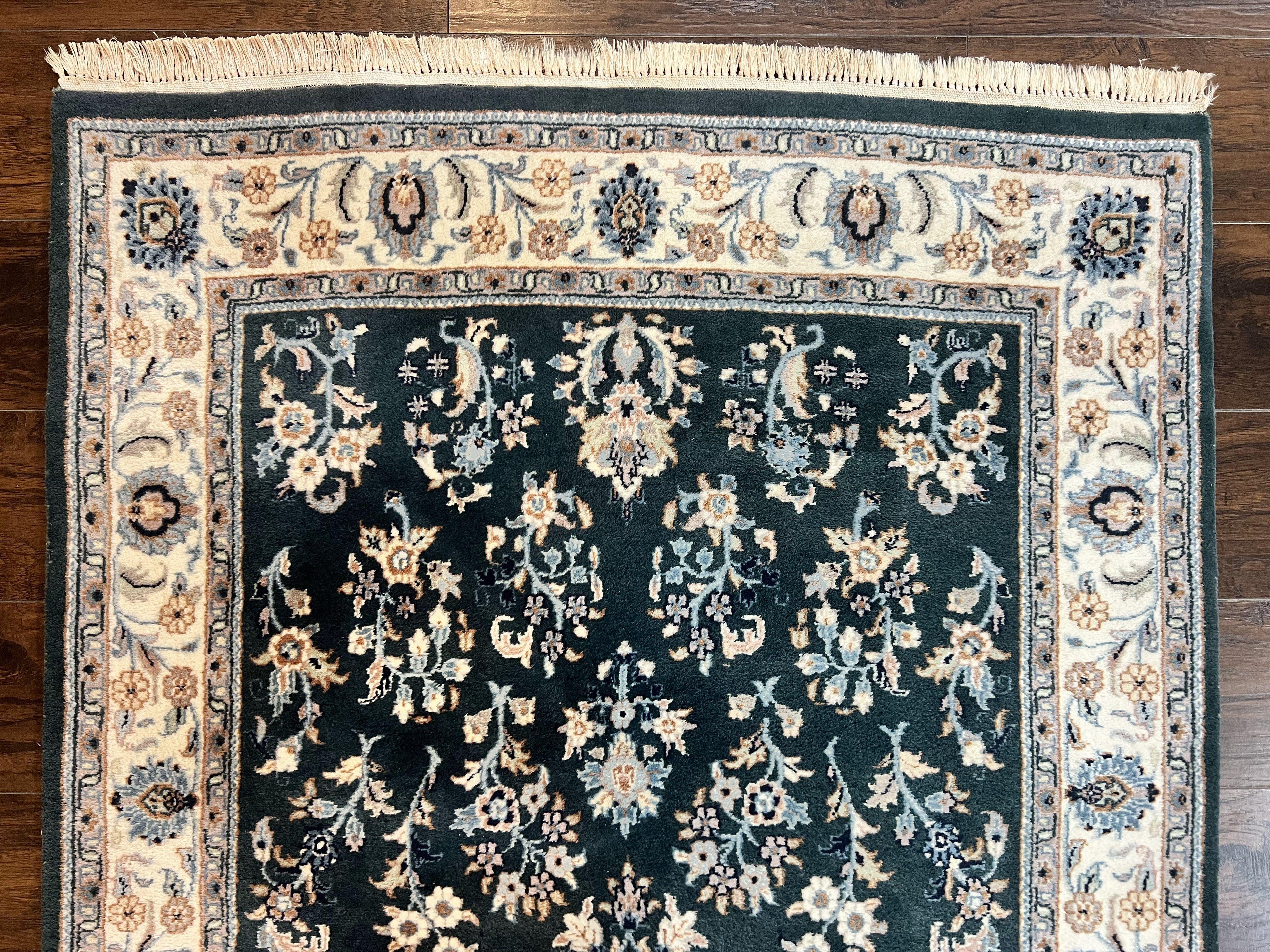 Green Indo Persian Rug 4x6, Floral Allover, Handmade Vintage Oriental Carpet, Sarouk Rug, Wool