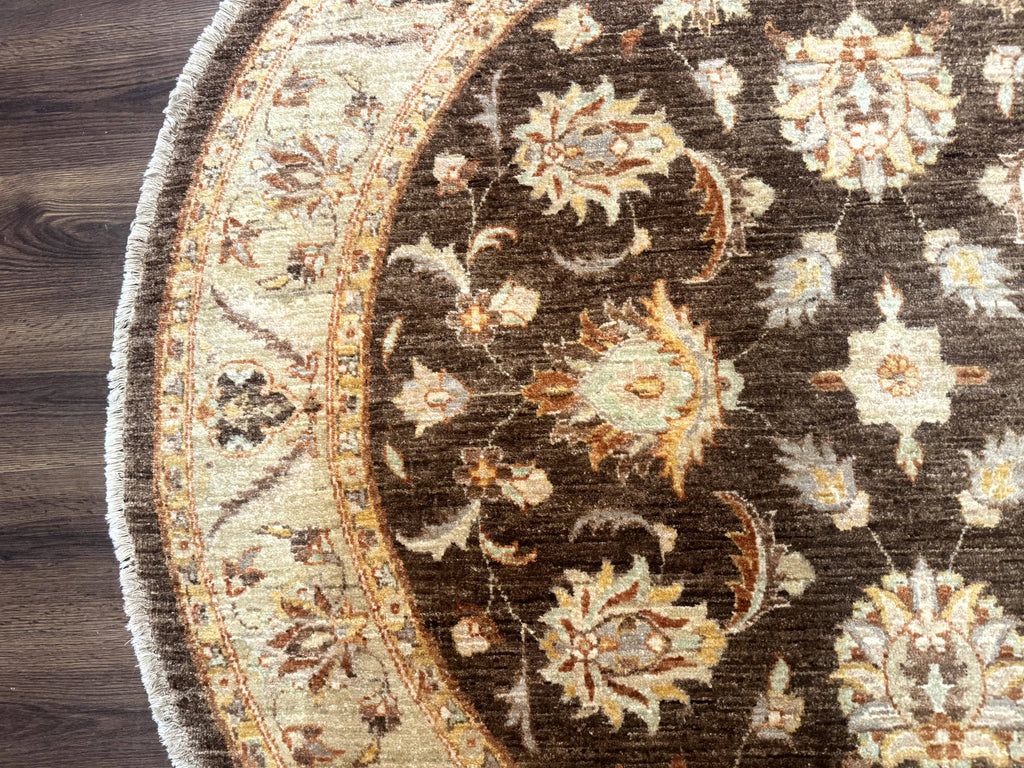 Round Pakistani Rug 6x6, Brown and Beige, Floral, Peshawar Rug, Traditional