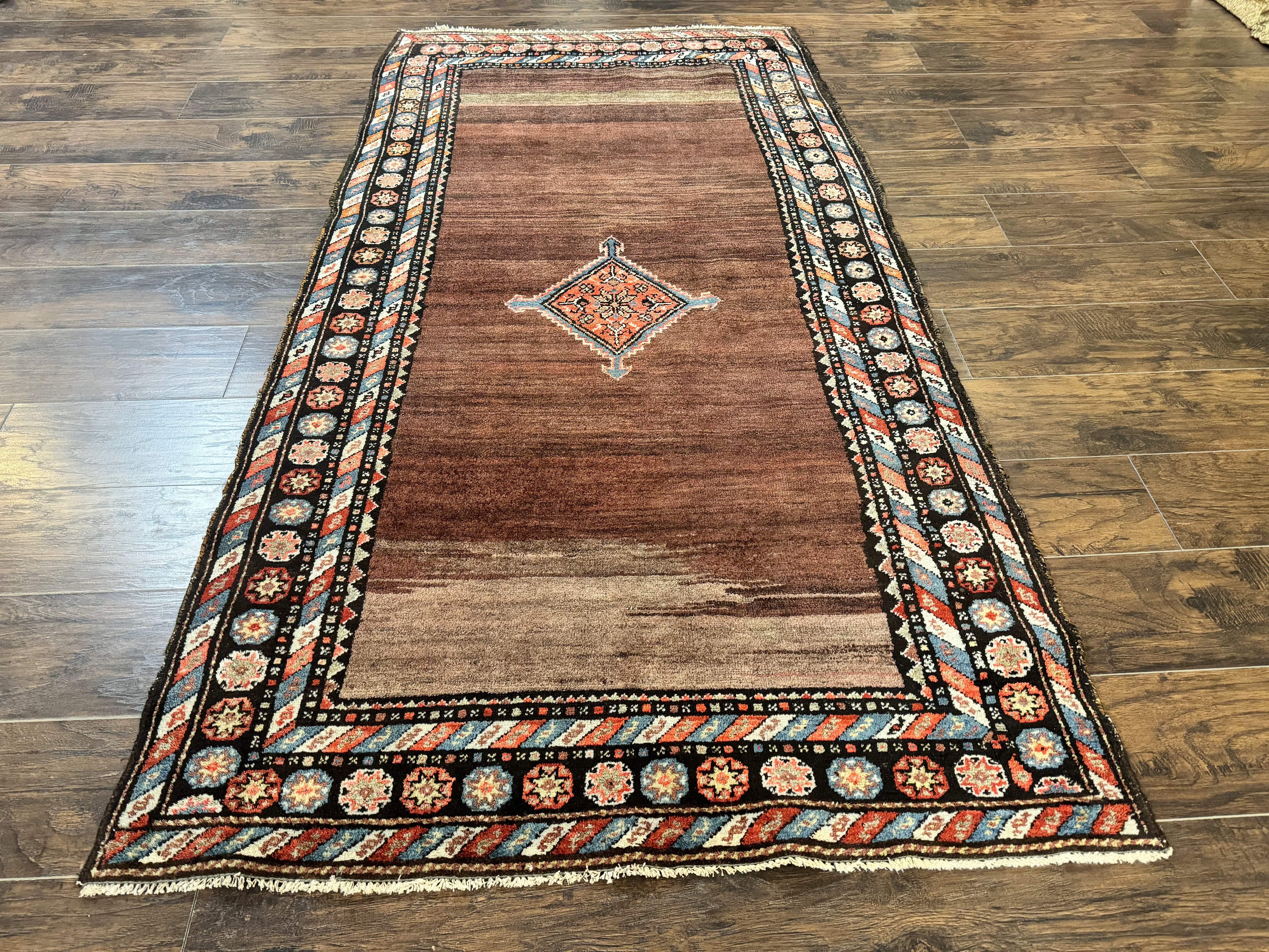 Antique Persian Rug 4x7, Sarab Tribal Wool Carpet, Brown and Multicolor, Handmade Wide Runner Rug 4 x 7, Open Field, Rainbow Border